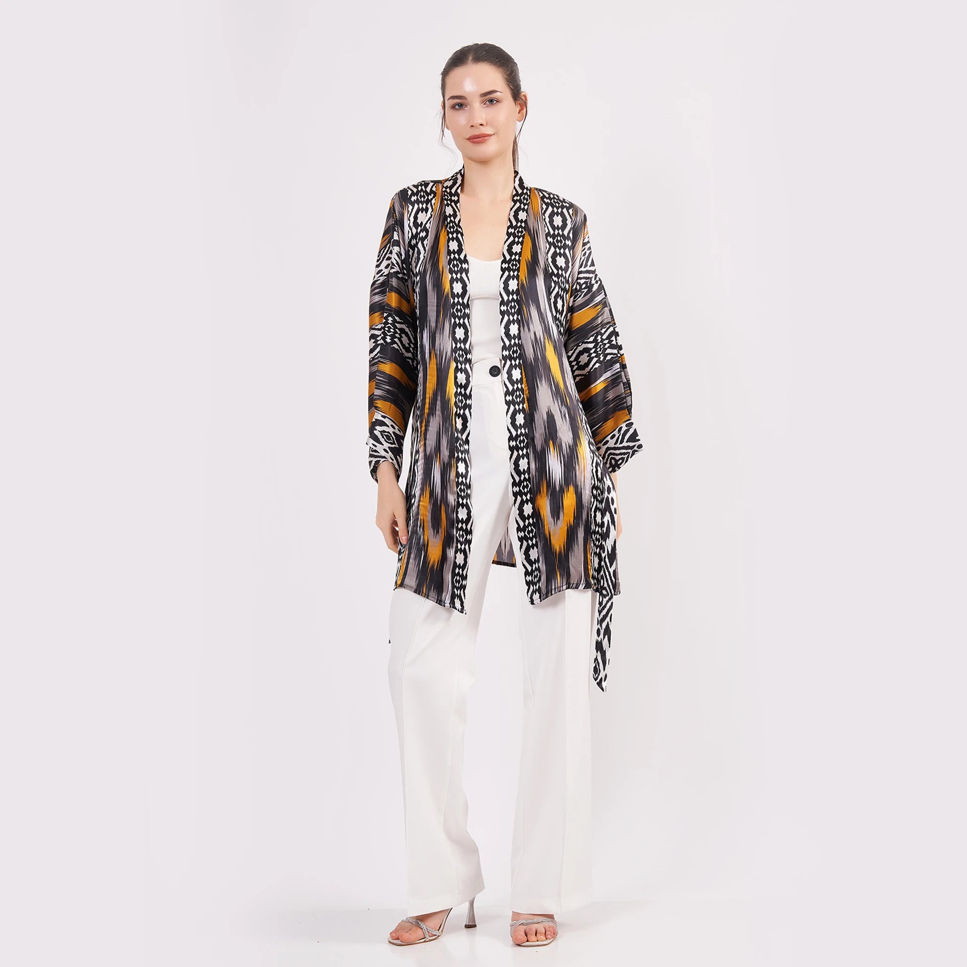 Saf İpek Kısa Kimono Kaftan | Ikat Desen 8 | Nomads Felt