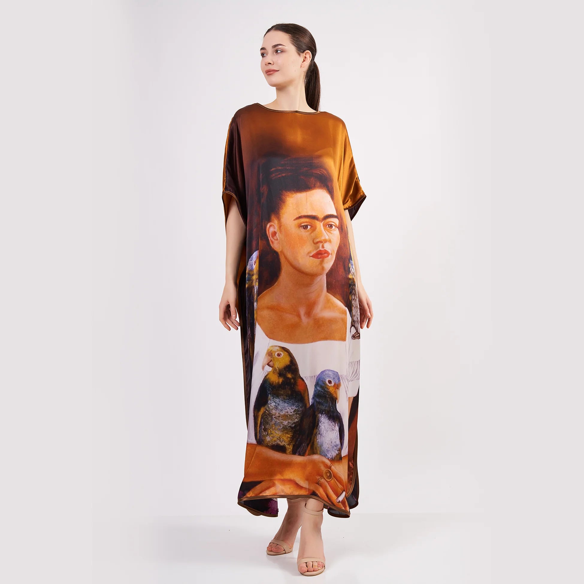 Kahverengi Bronz Frida Kahlo İpek Elbise