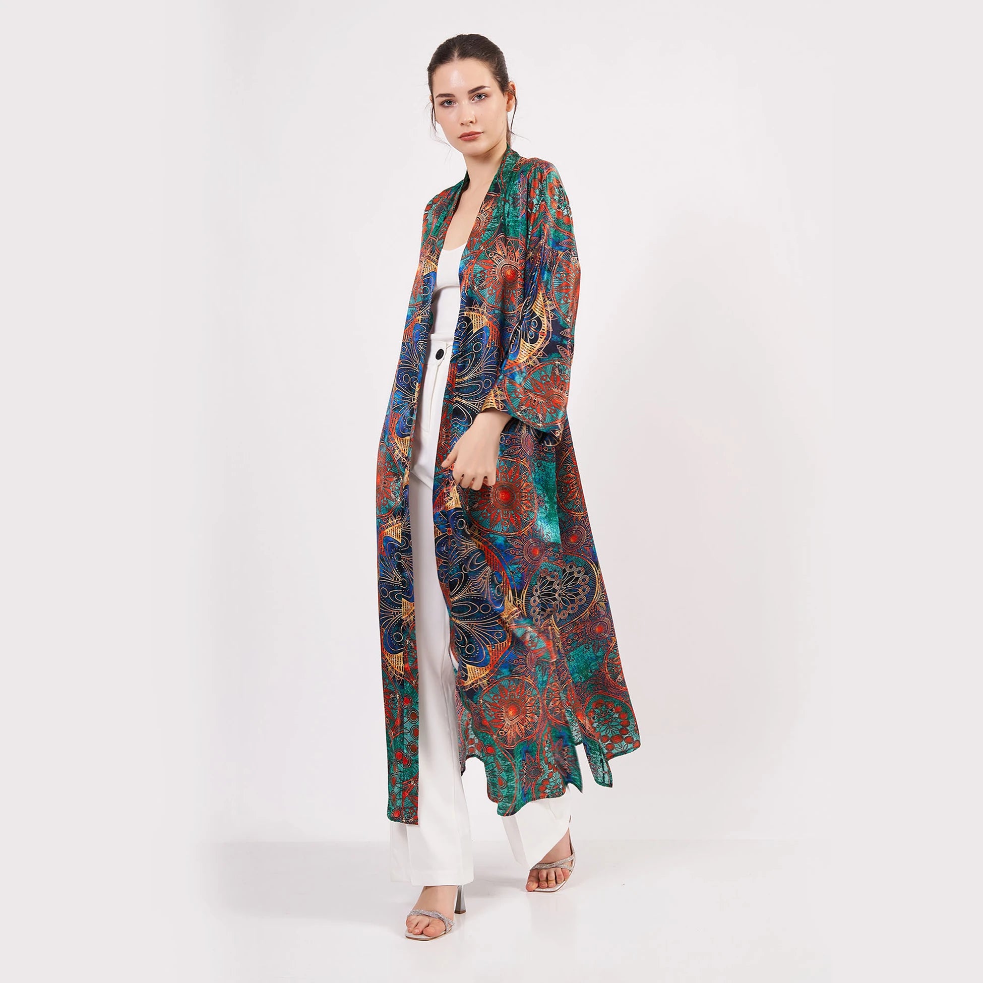 Saf İpek Uzun Kimono Kaftan | Yeşil Mandala Desen 4 | Nomads Felt