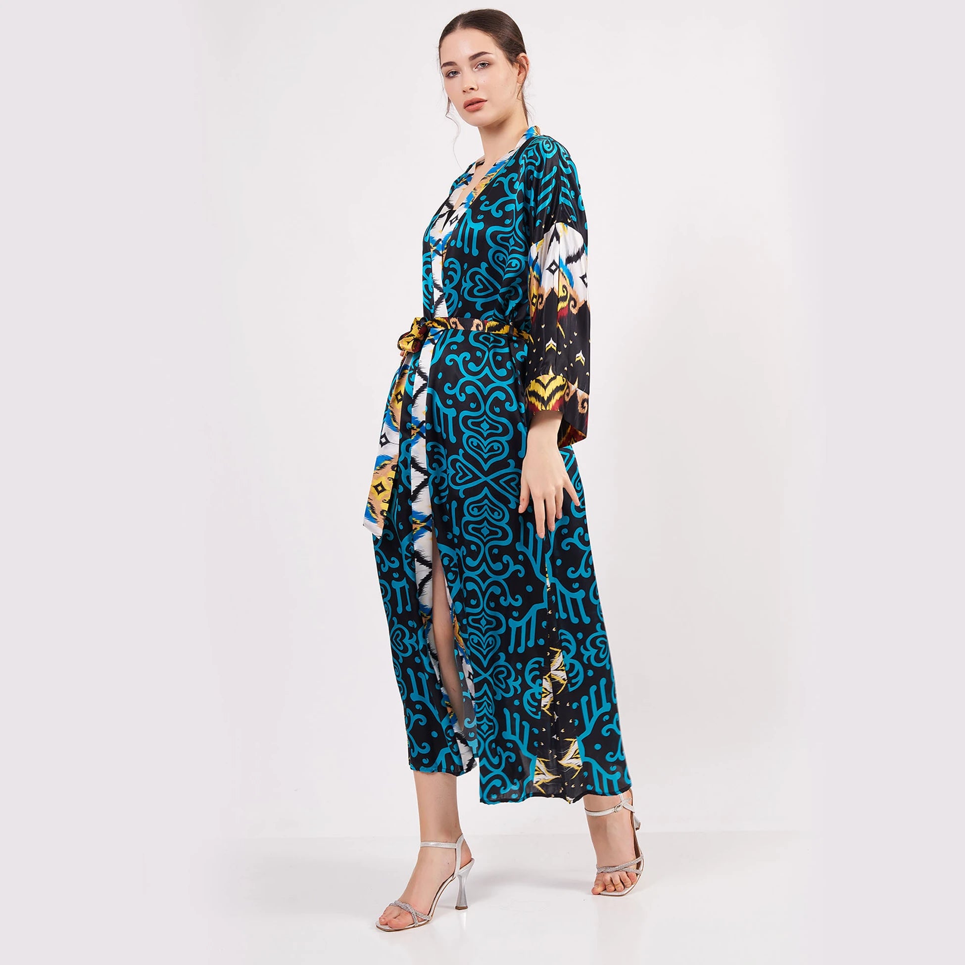 %100 İpek Uzun Kimono Kaftan | İkat Desen Turkuaz | Nomads Felt
