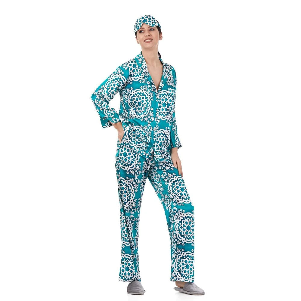 Saf İpek Gömlek Pantolon-Pijama Takımı | Turkuaz Çini Desen | Nomads Felt