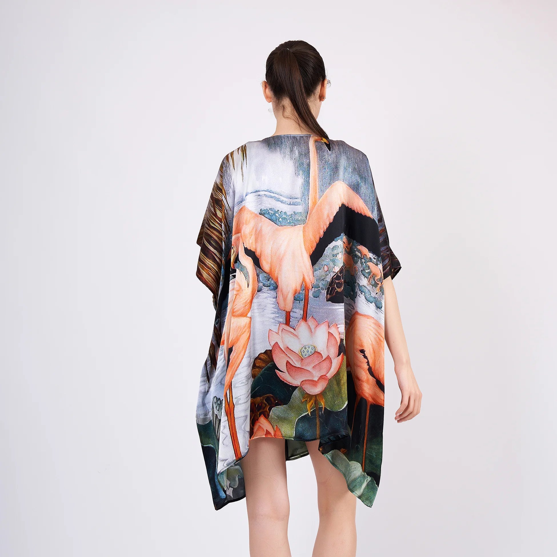 %100 İpek Kısa Kimono Pareo | Flamingo Desen | Nomads Felt