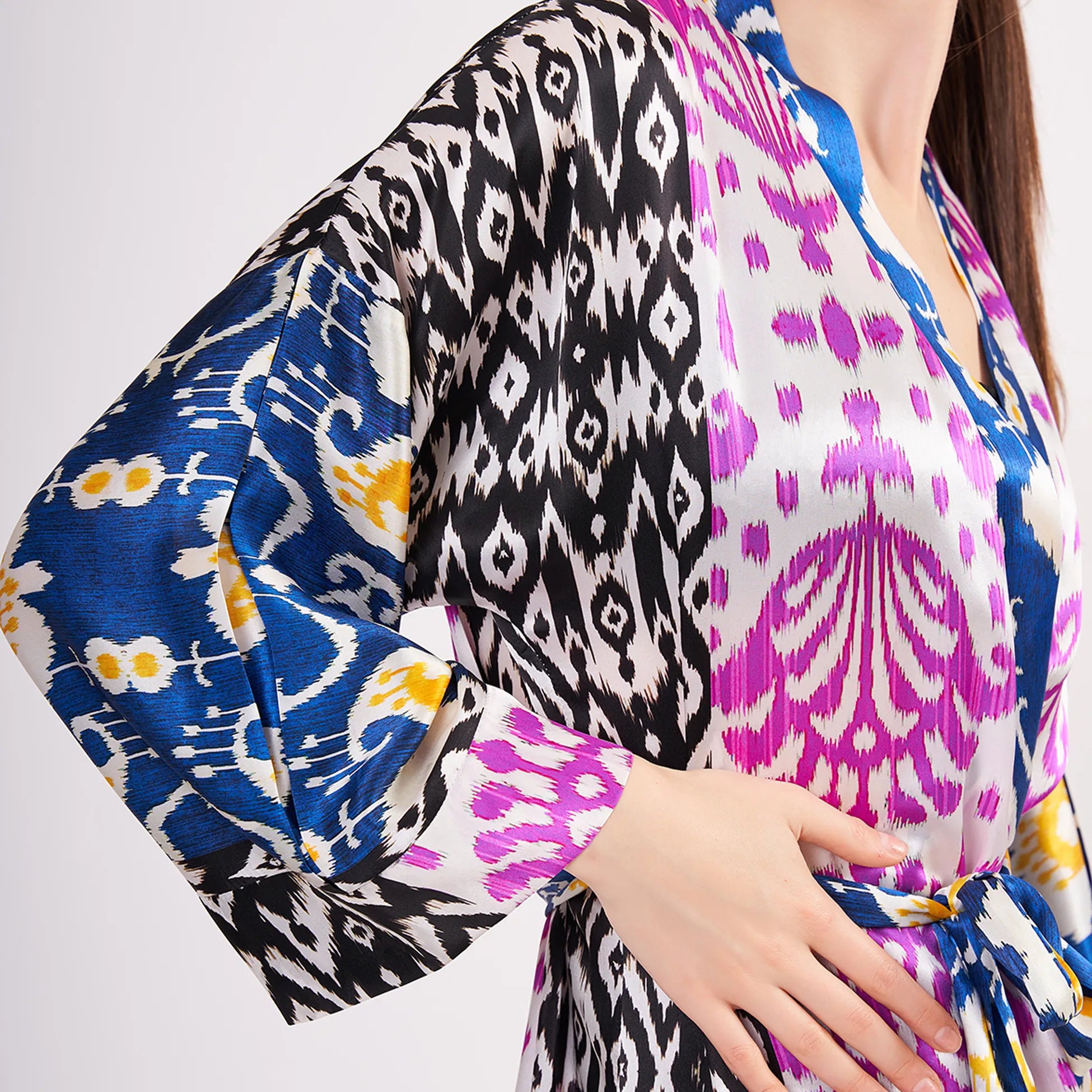 Saf İpek Kısa Kimono Kaftan | Ikat Desen 1 | Nomads Felt