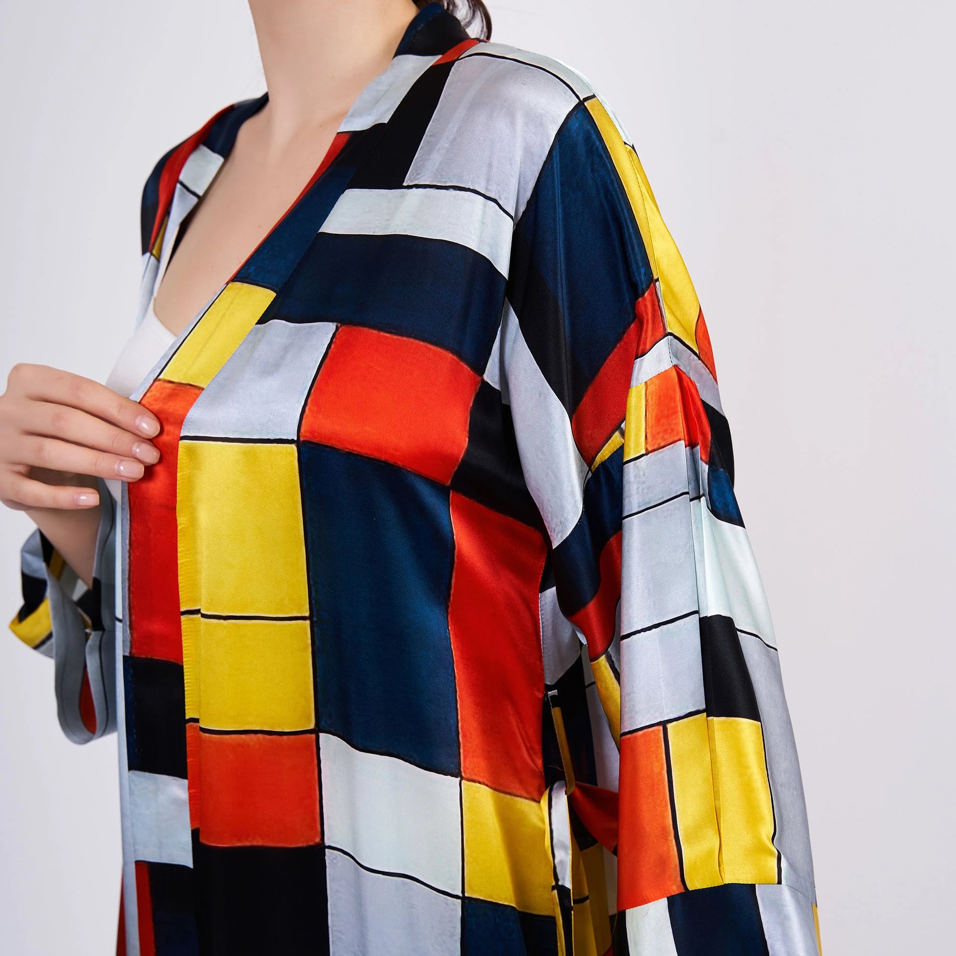 Saf İpek Uzun Kimono Kaftan | Geometrik Desen | Nomads Felt