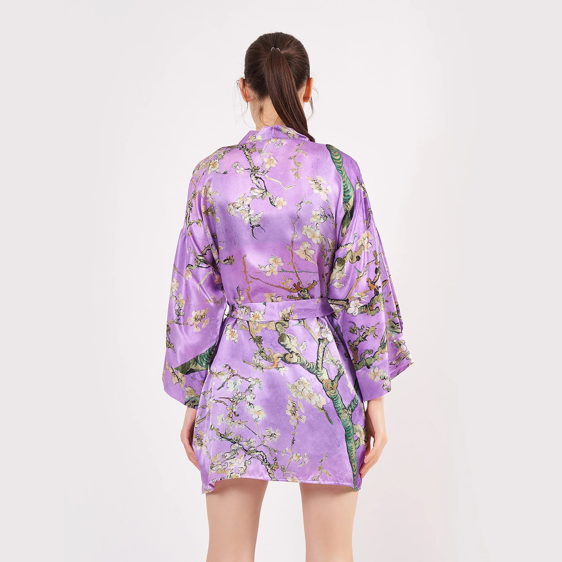 Saf İpek Kısa Kimono Kaftan | Van Gogh Badem Ağacı Mor | Nomads Felt