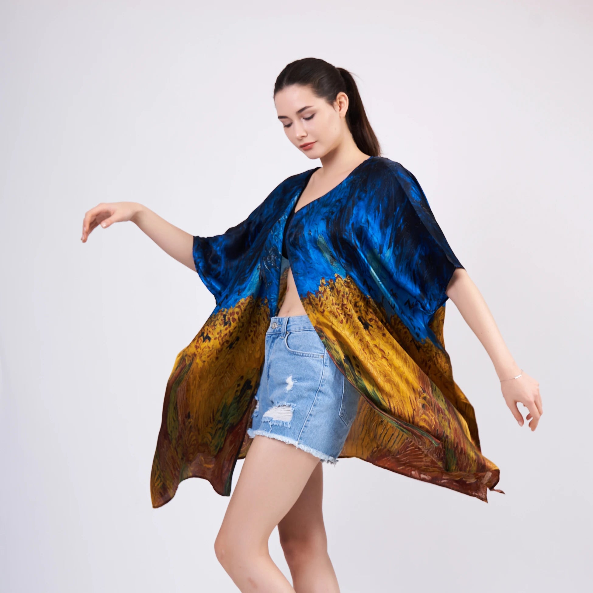 %100 İpek Kısa Kimono Pareo | Van Gogh Wheatfield with Crows | Nomads Felt