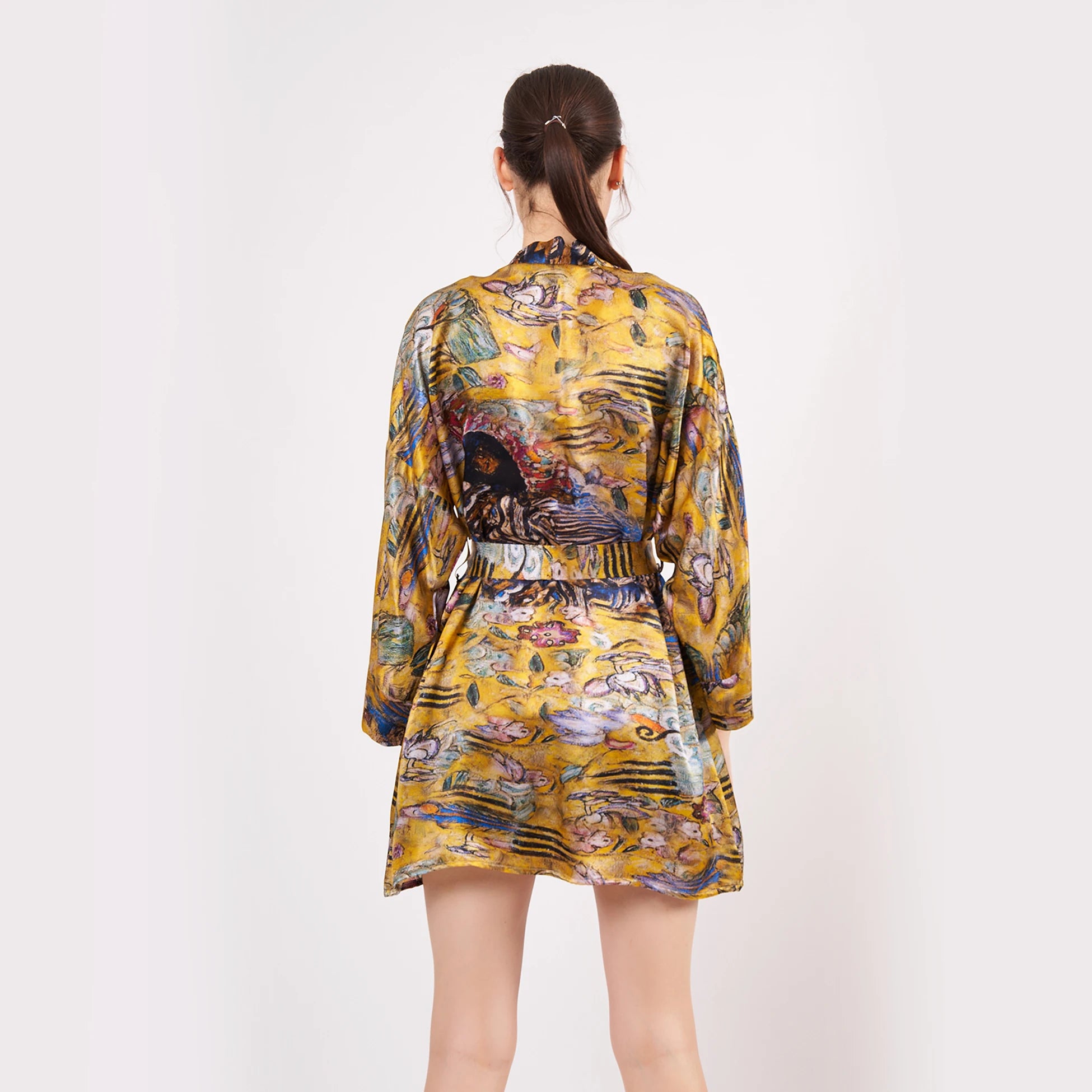Saf İpek Kısa Kimono Kaftan | Gold Desenli | Nomads Felt
