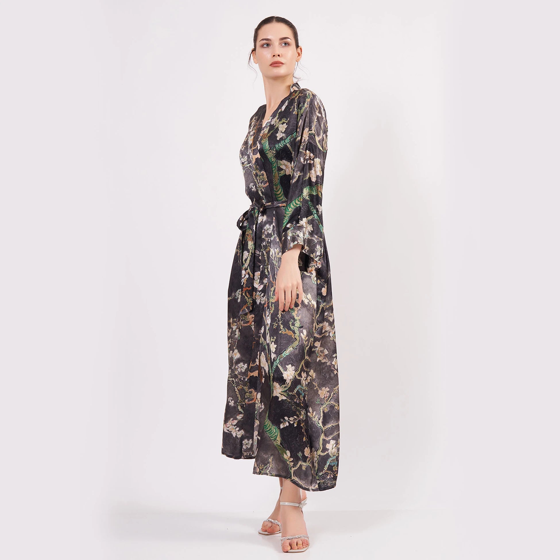 %100 İpek Kimono Kaftan | Antrasit | Van Gogh Badem Ağacı | Nomads Felt