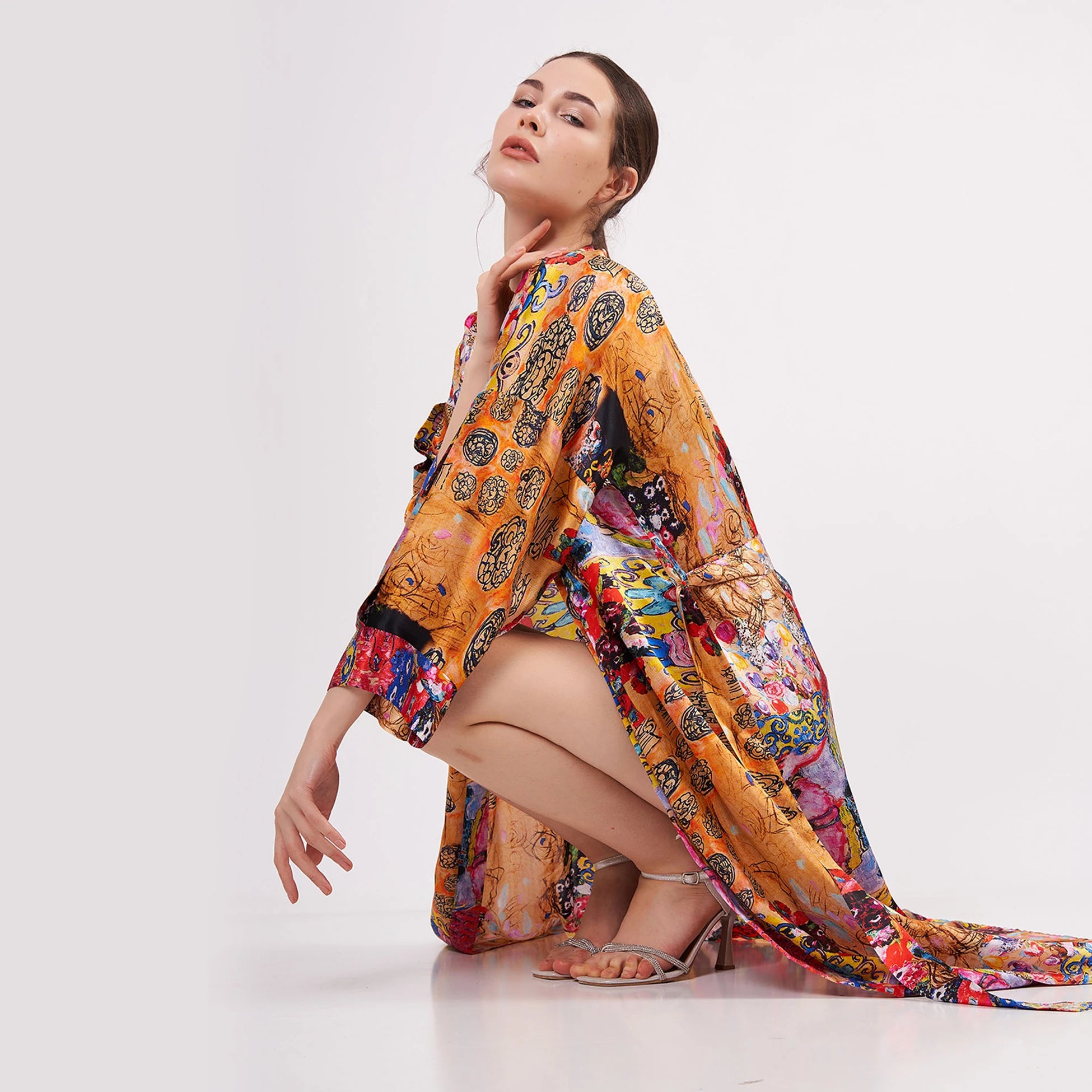 %100 İpek Uzun Kimono Kaftan | Çiçek Desen | Nomads Felt