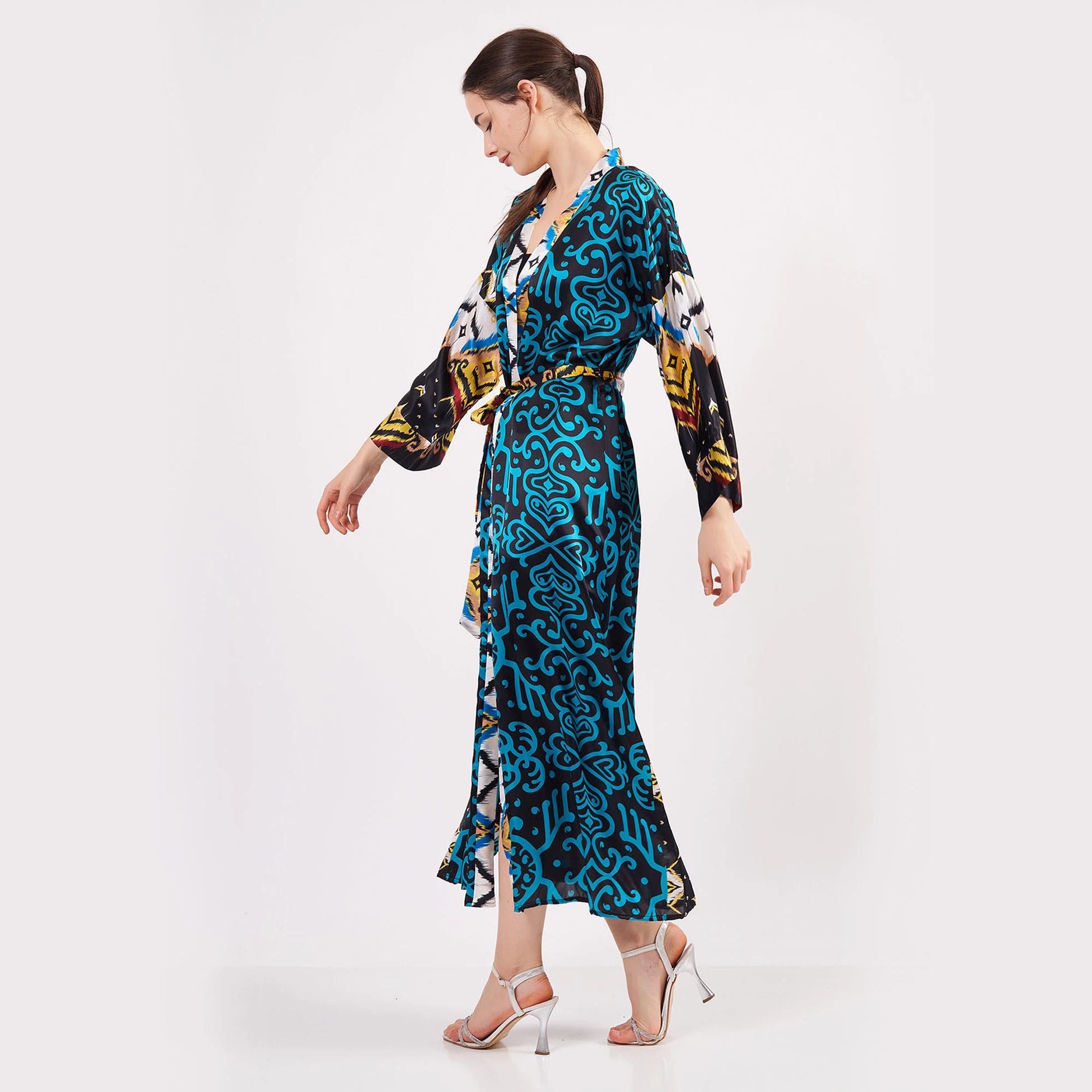 %100 İpek Uzun Kimono Kaftan | İkat Desen Turkuaz | Nomads Felt