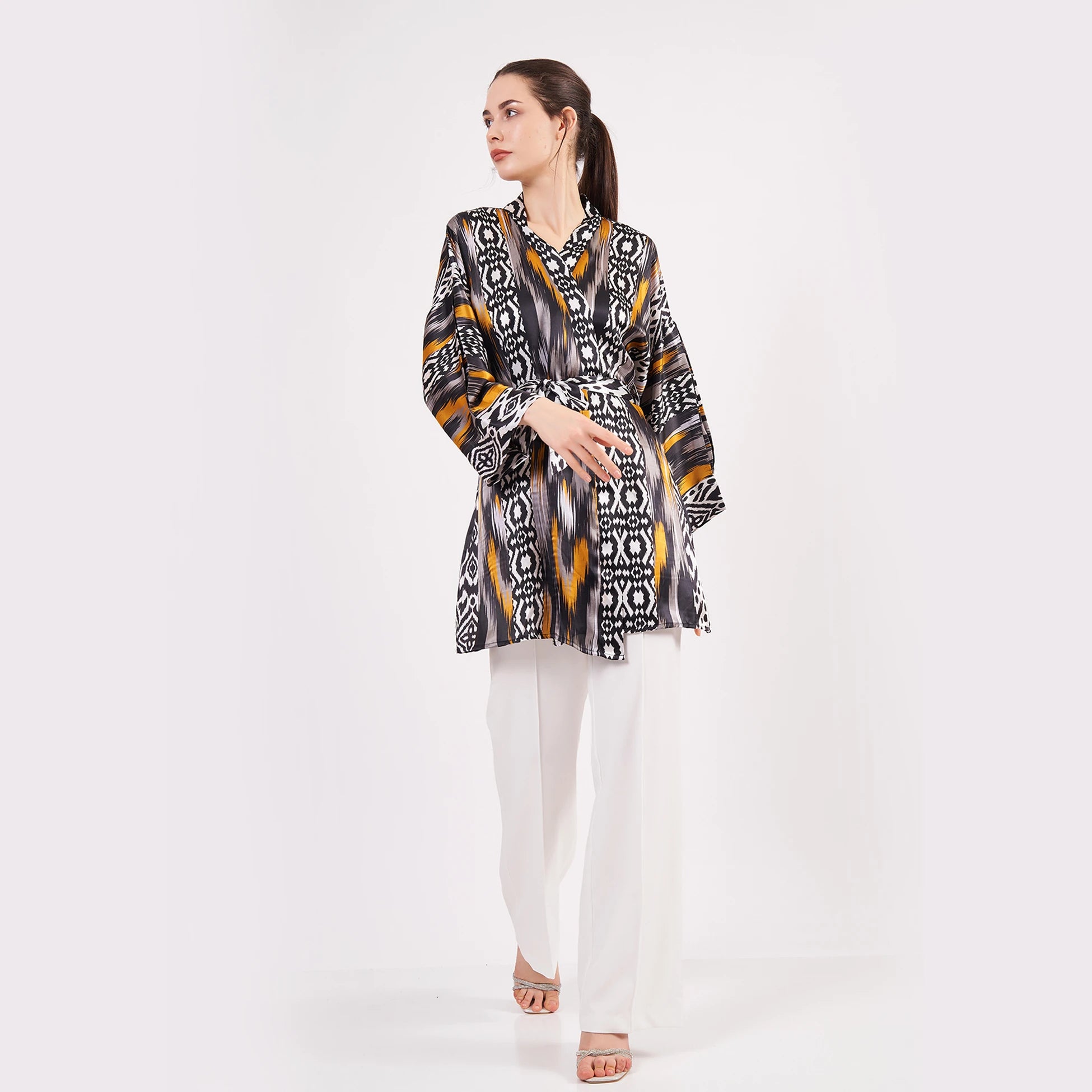 Saf İpek Kısa Kimono Kaftan | Ikat Desen 8 | Nomads Felt