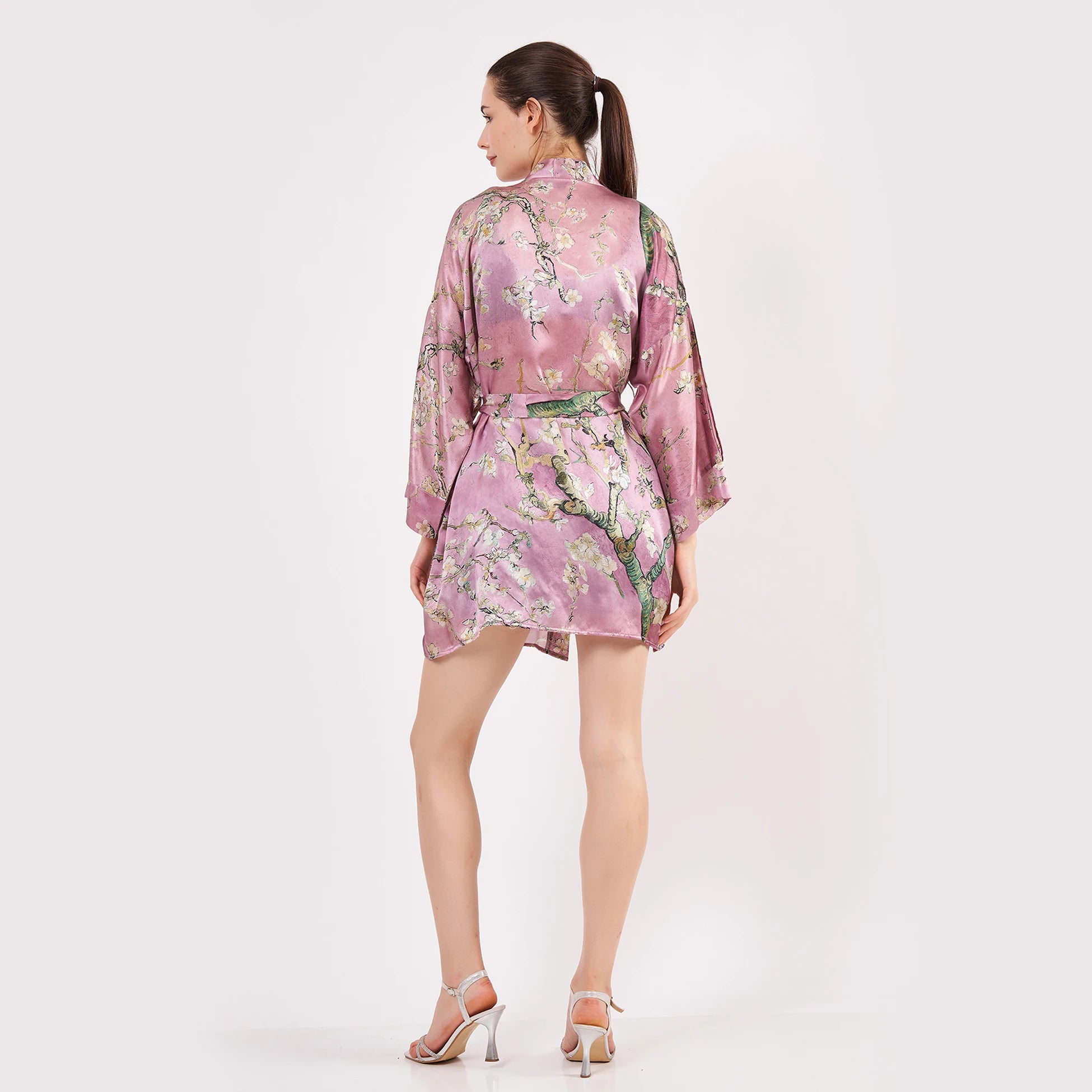 Saf İpek Kısa Kimono Kaftan | Van Gogh Badem Ağacı Pembe | Nomads Felt
