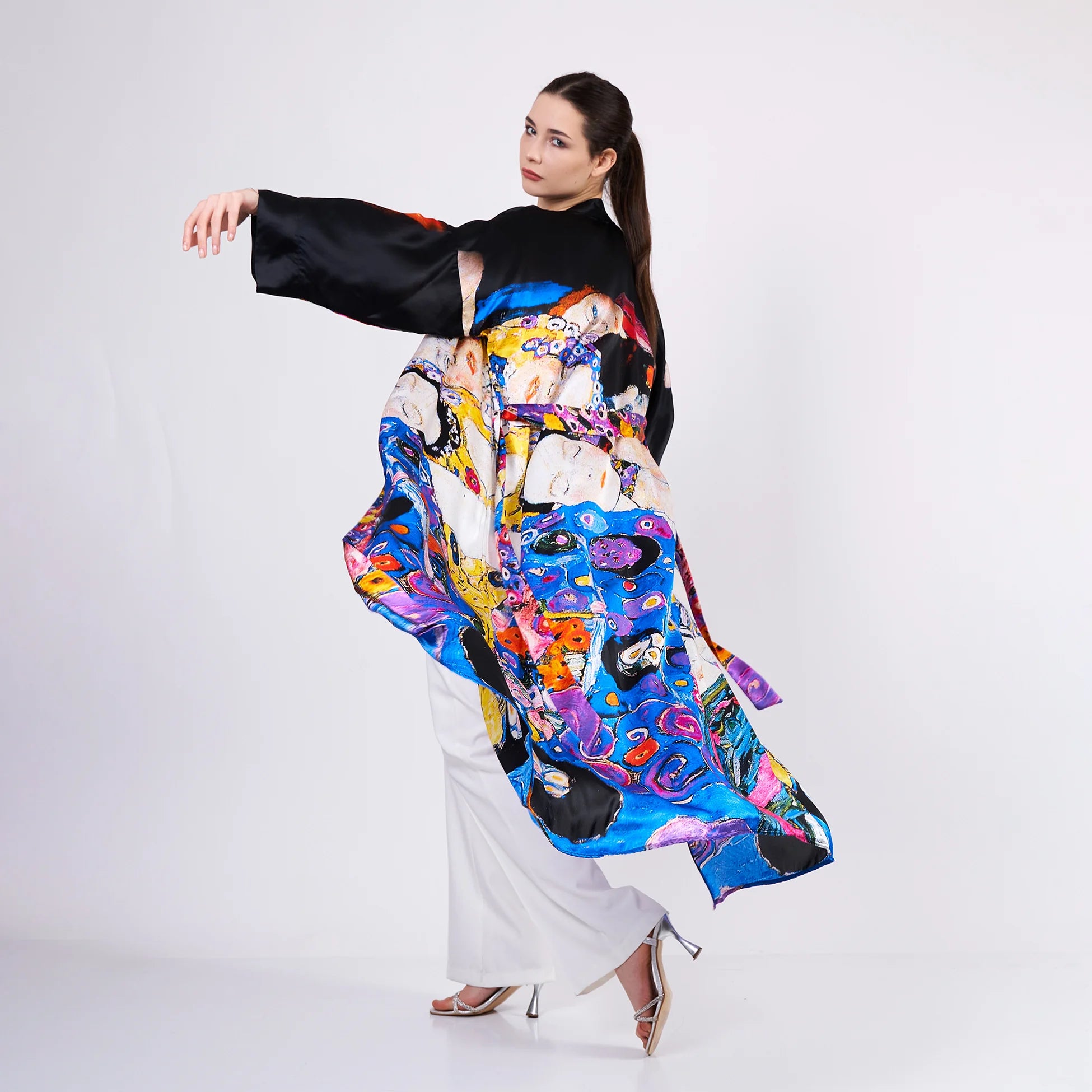 %100 İpek Uzun Kimono Kaftan | Gustav Klimt The Virgins | Nomads Felt