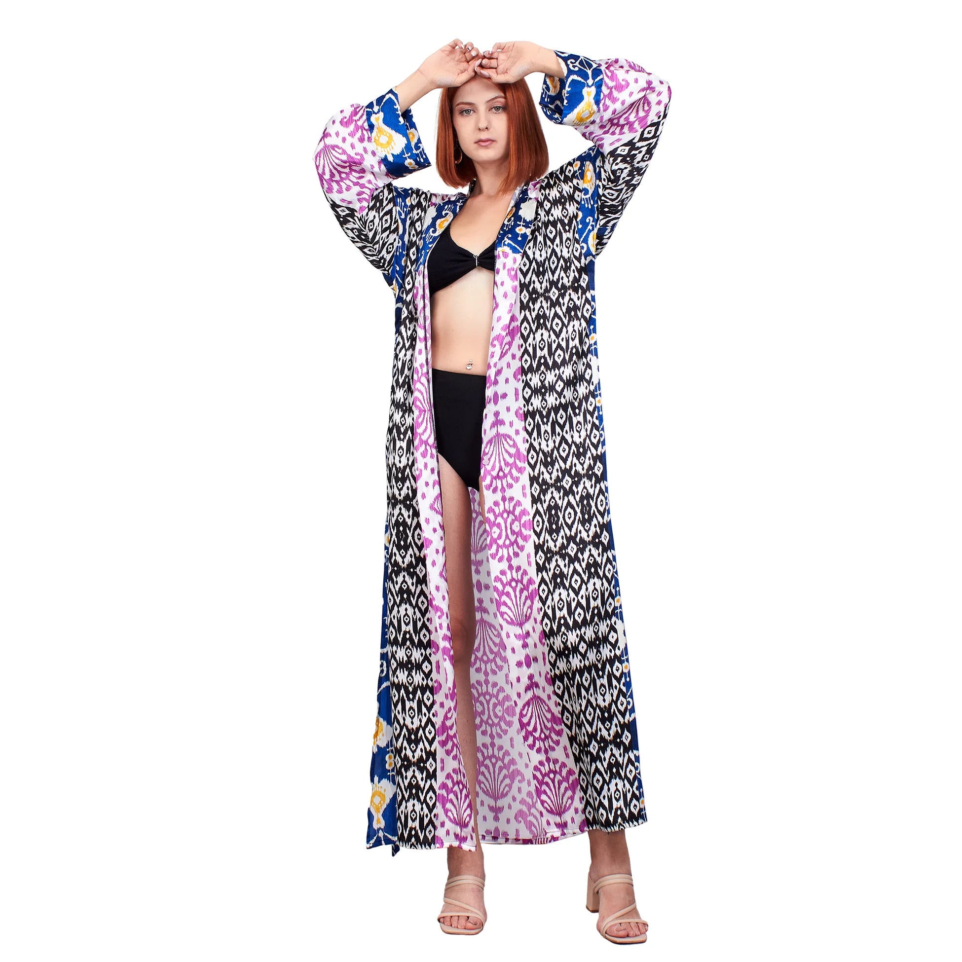 %100 İpek Kapüşonlu Kimono |Pembe İkat Desen 2 | Nomads Felt