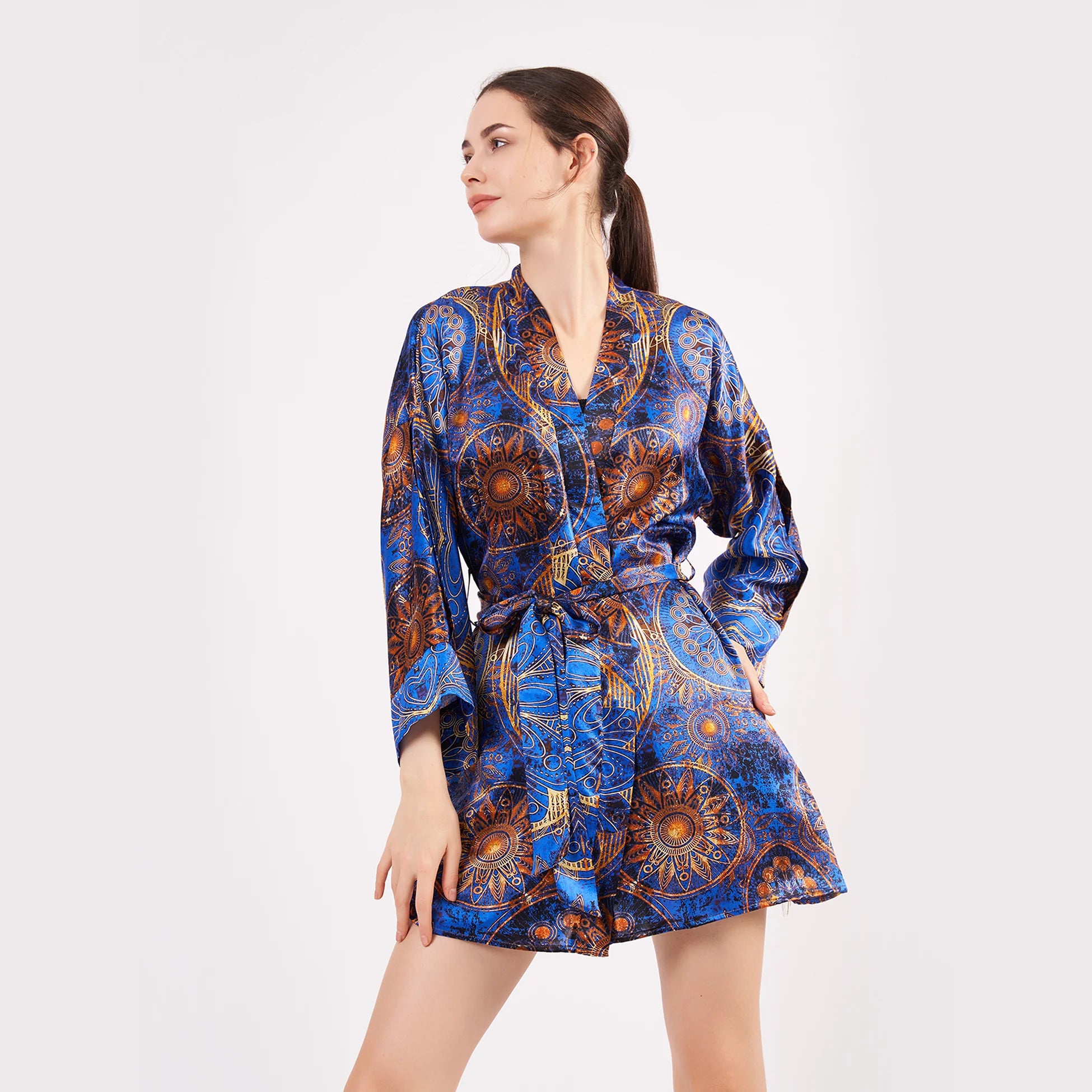 Saf İpek Kısa Kimono Kaftan | Mandala Desen 3 Saks Mavi | Nomads Felt