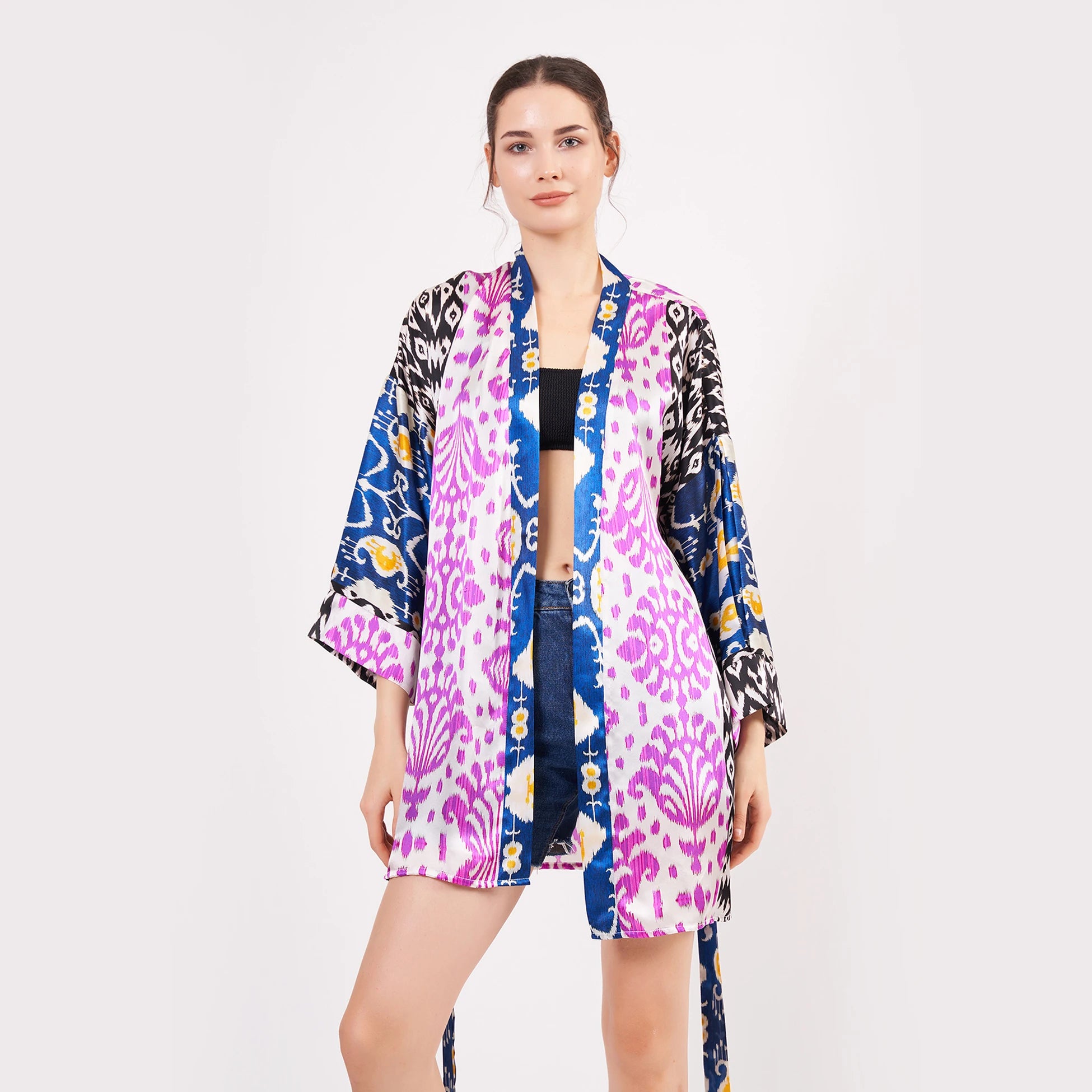 Saf İpek Kısa Kimono Kaftan | Ikat Desen 1 | Nomads Felt