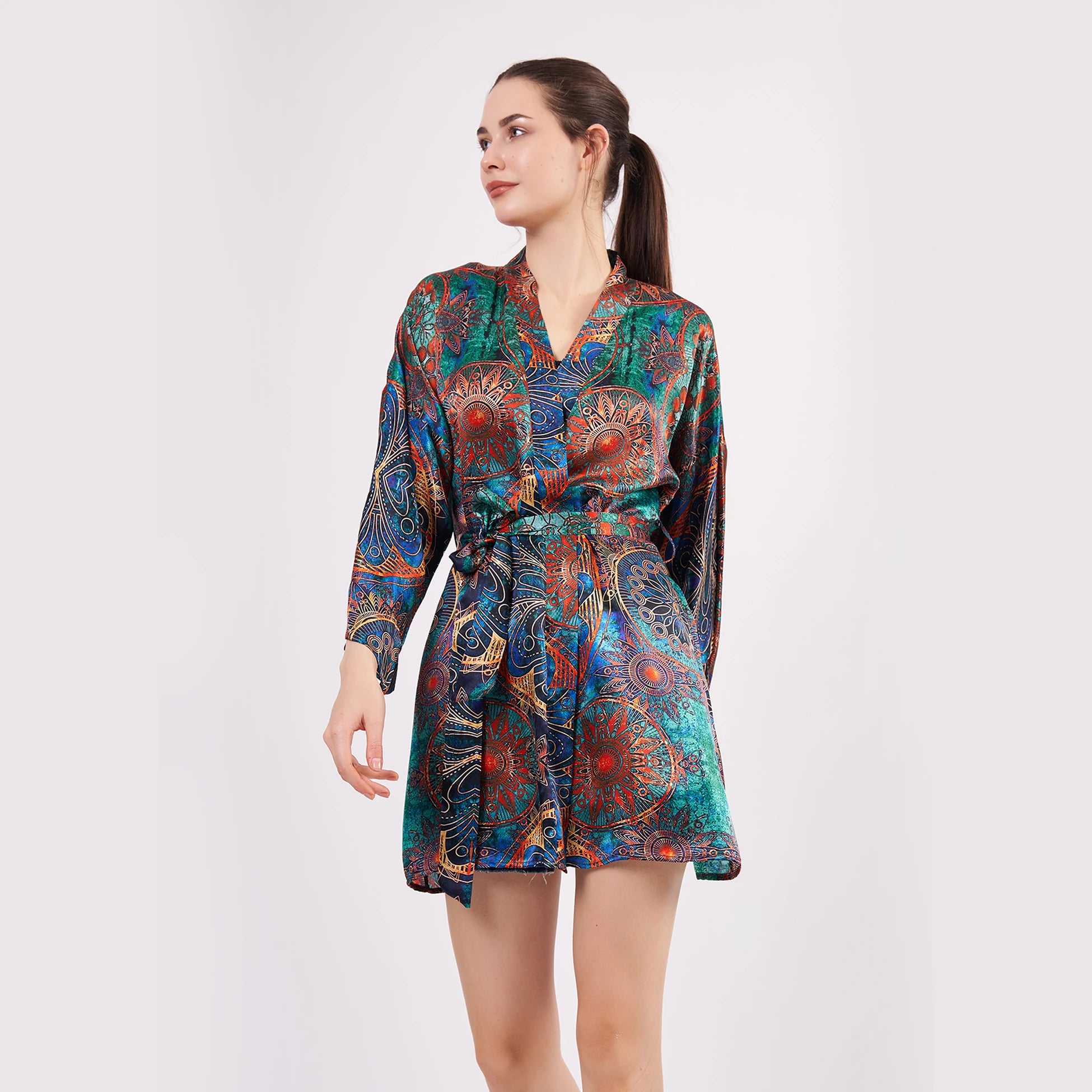 Saf İpek Kısa Kimono Kaftan | Mandala Desen 2 Yeşil | Nomads Felt