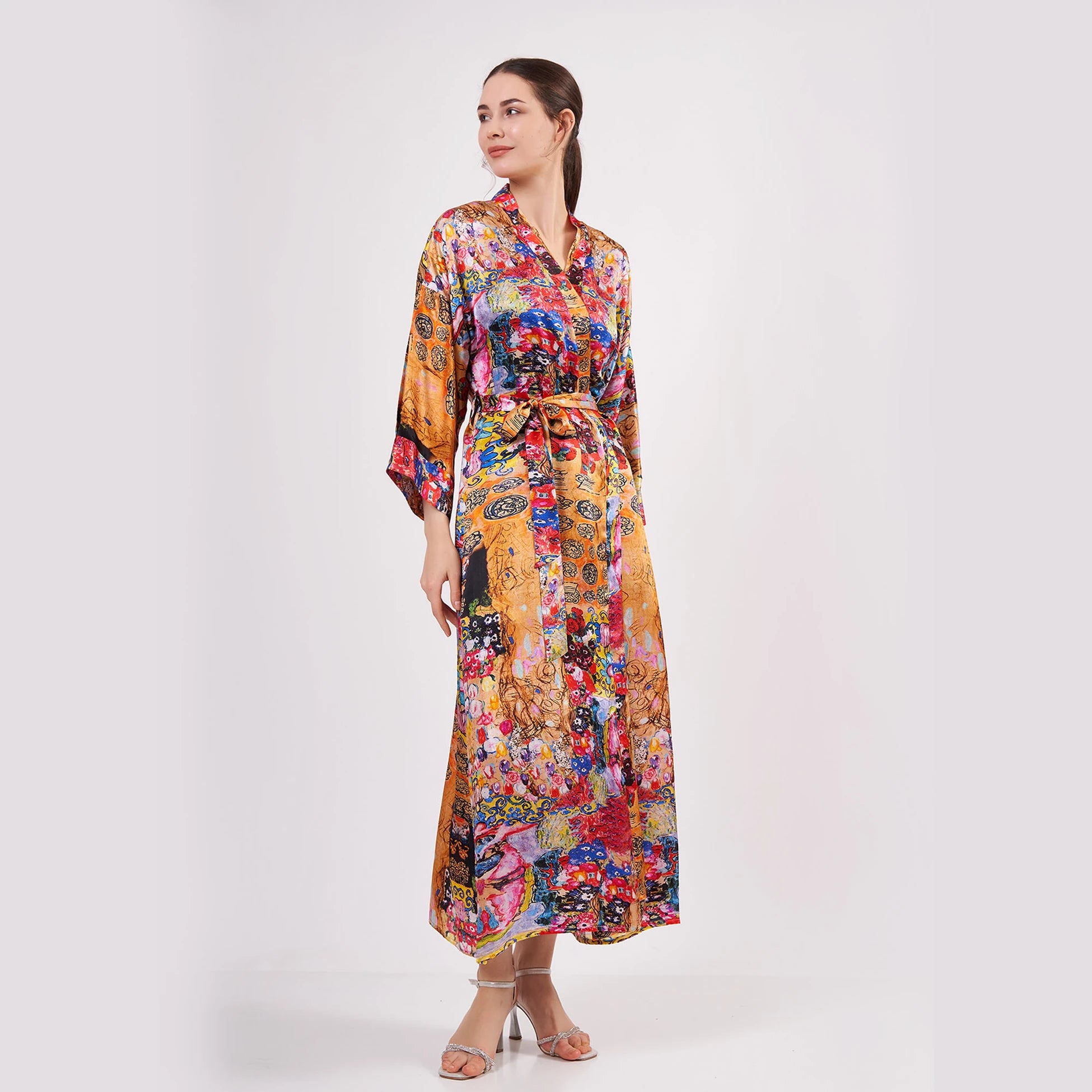 %100 İpek Uzun Kimono Kaftan | Çiçek Desen | Nomads Felt