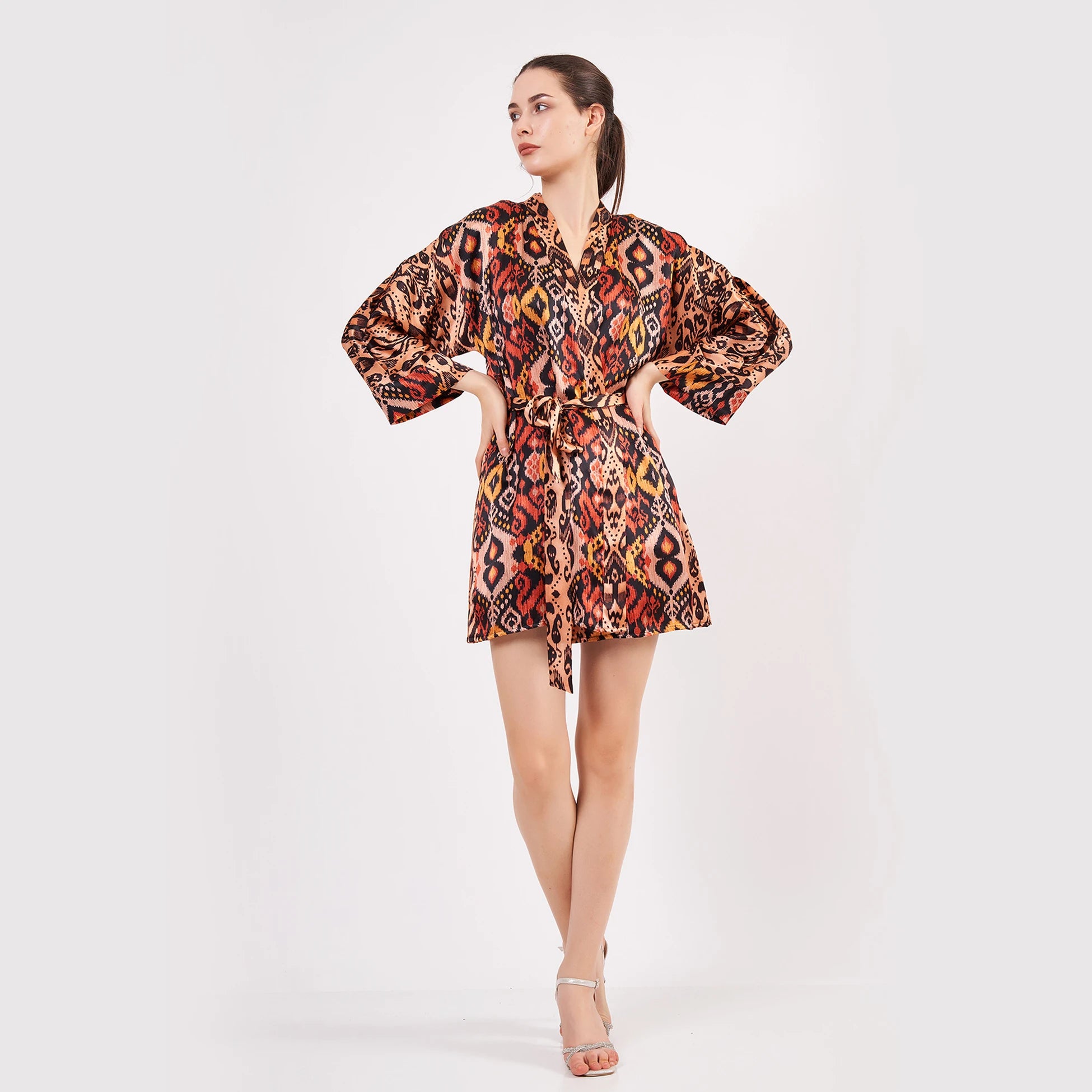 Saf İpek Kısa Kimono Kaftan | Ikat Desen 4 | Nomads Felt