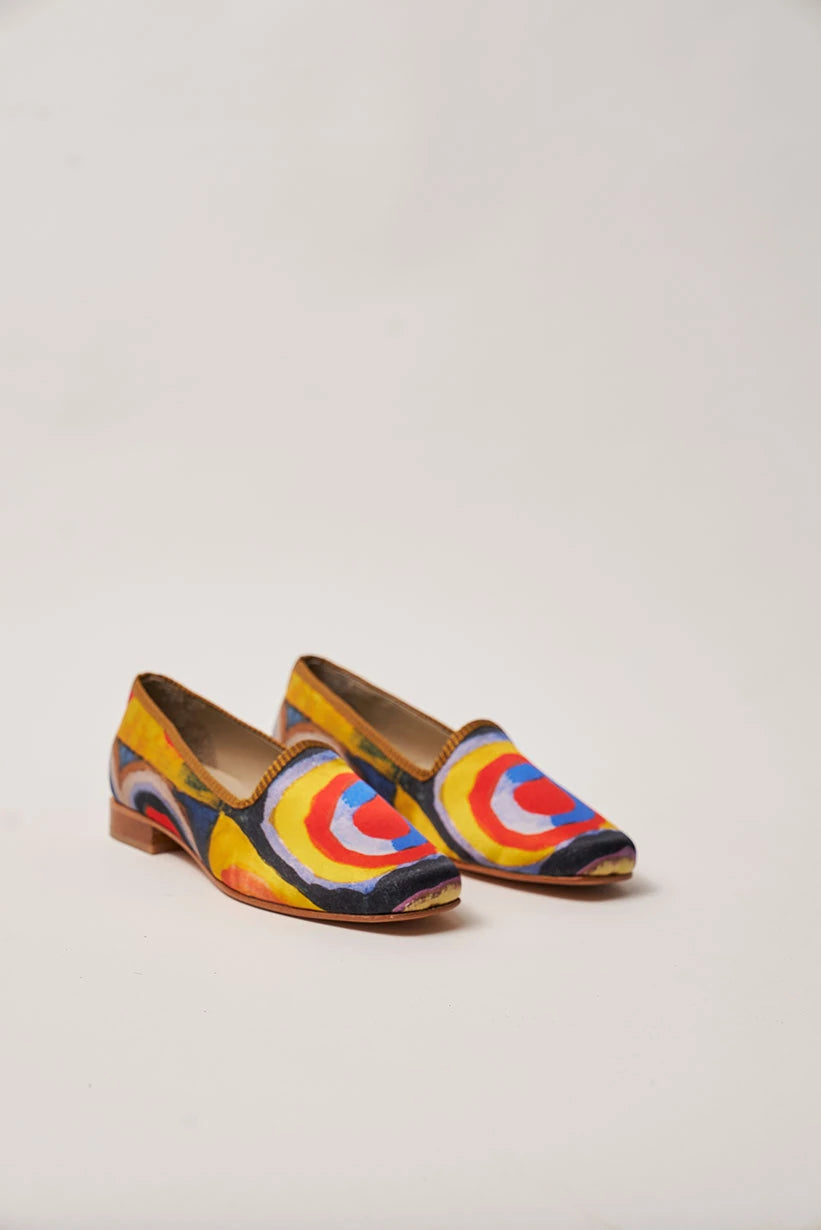 %100 İpek-Hakiki Deri Kadın Babet | Kösele Taban | Kandinsky Squares with Circles