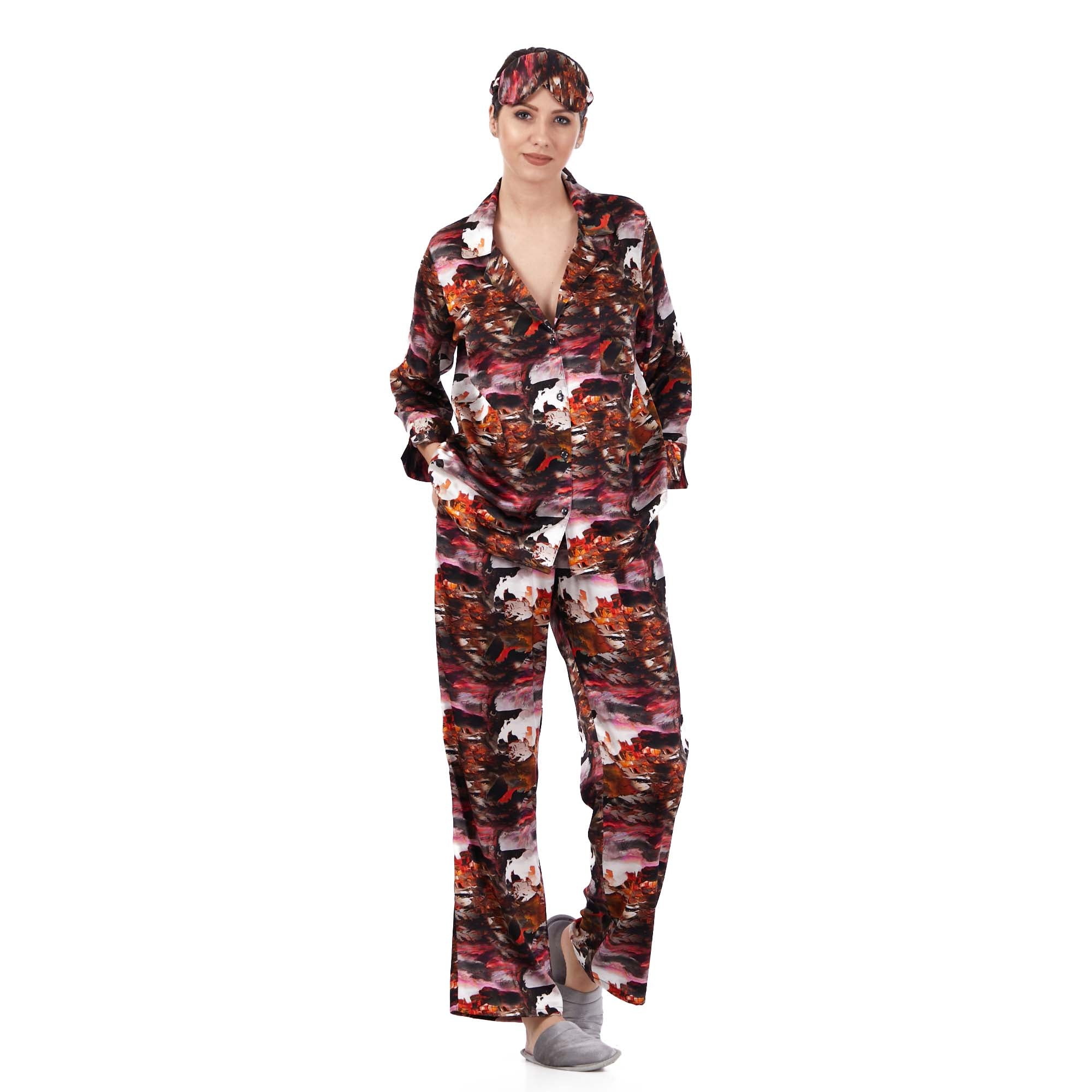 %100 İpek Gömlek Pantolon-Pijama Takımı | Abstract Desen Kırmızı | Nomads Felt