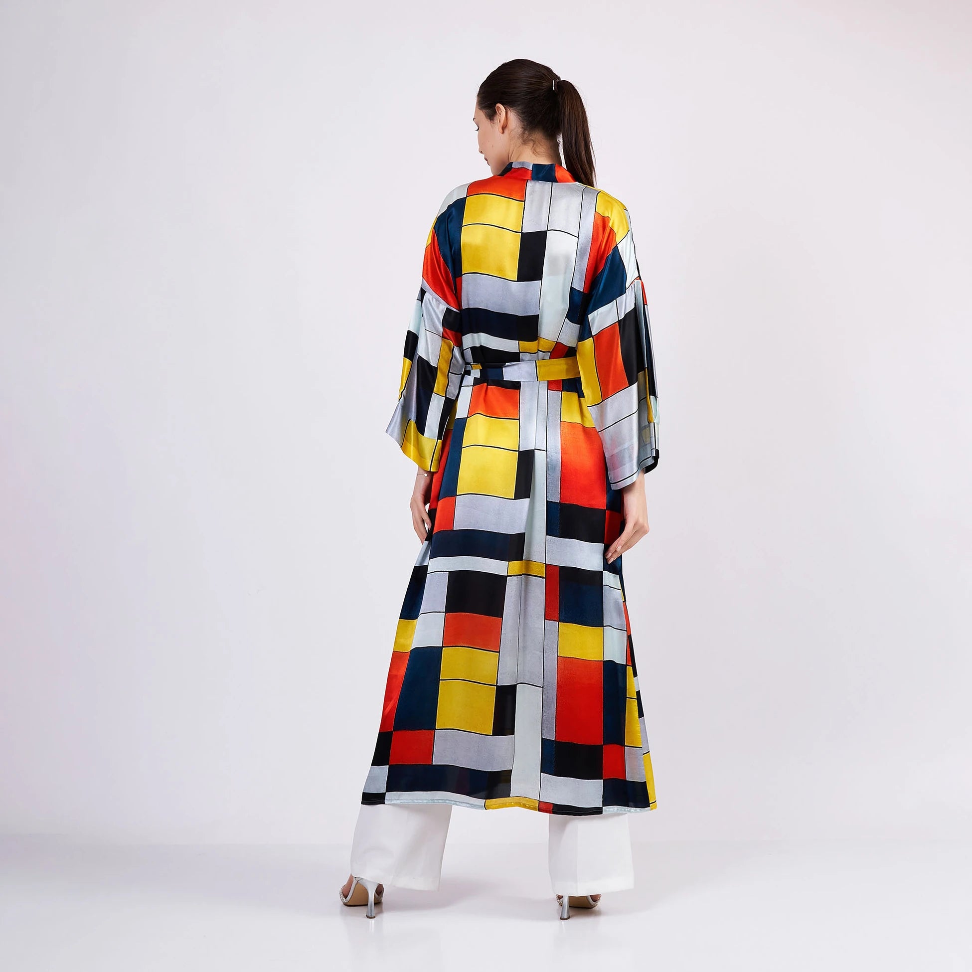 Saf İpek Uzun Kimono Kaftan | Geometrik Desen | Nomads Felt