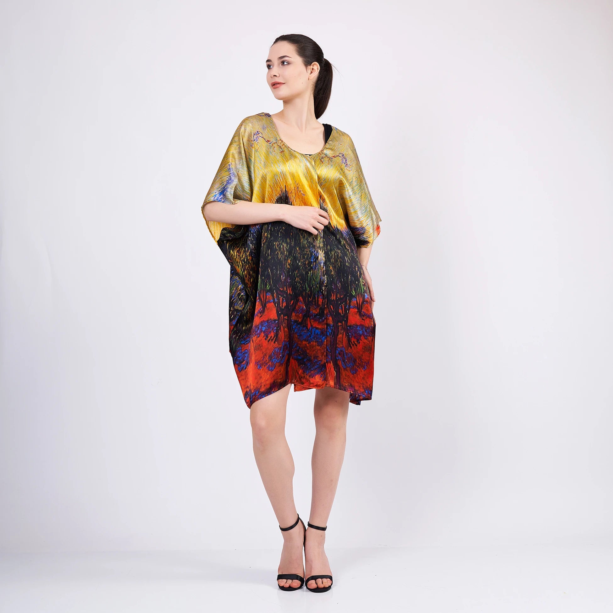 %100 İpek Kısa Kimono Pareo | Van Gogh Zeytin Ağaçları | Nomads Felt