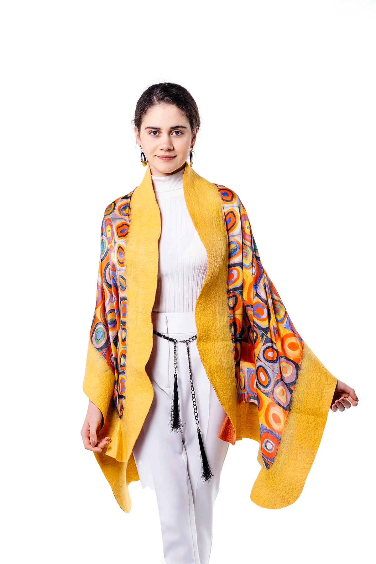 İpek Keçe Şal | Kandinsky Squares with Circles Sarı | Nomads Felt
