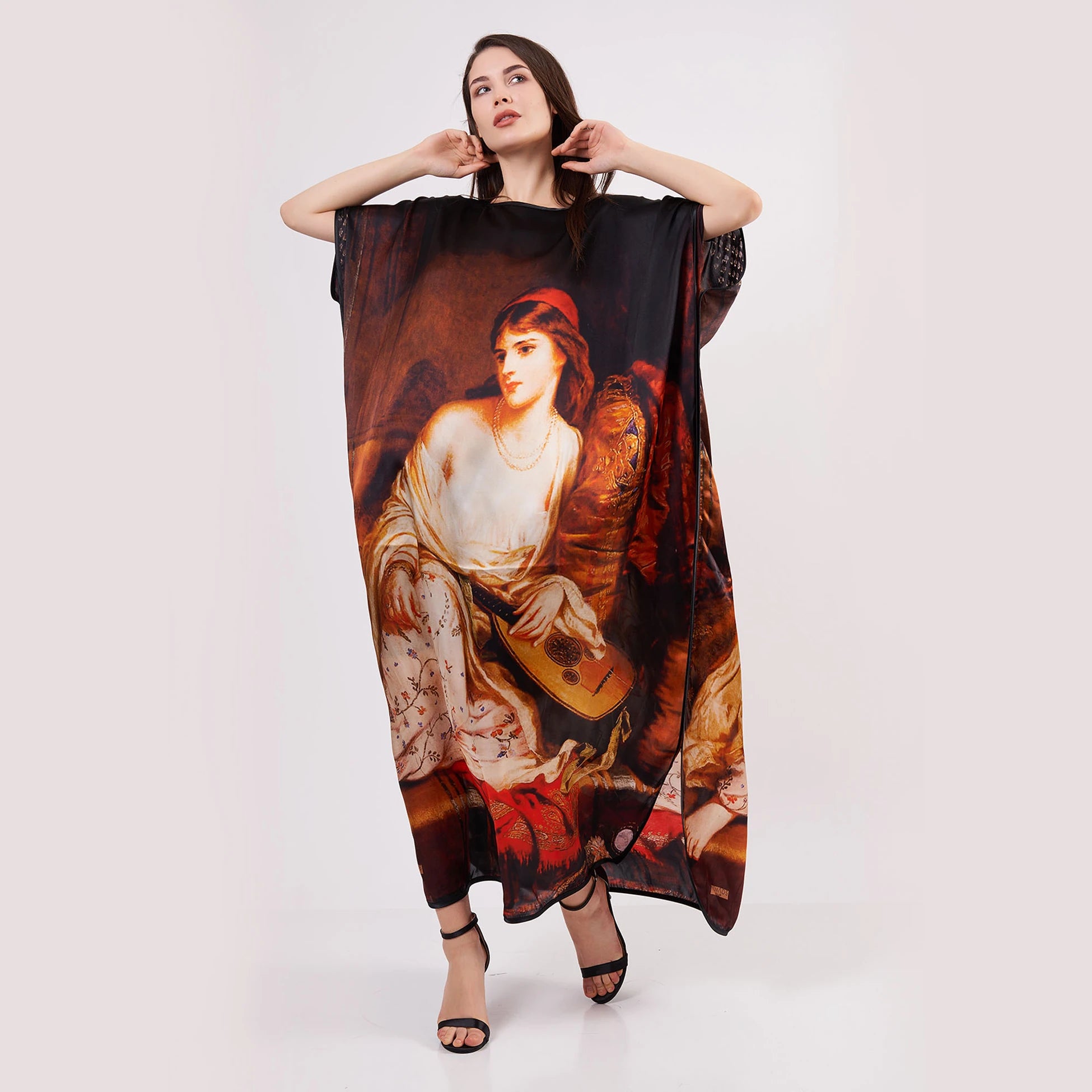 %100 İpek Uzun Elbise | Siyah Harem Desen | Nomads Felt