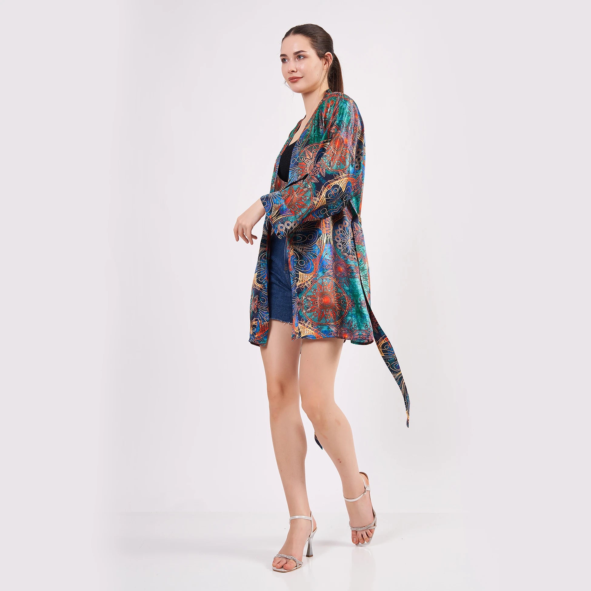 Saf İpek Kısa Kimono Kaftan | Mandala Desen 2 Yeşil | Nomads Felt