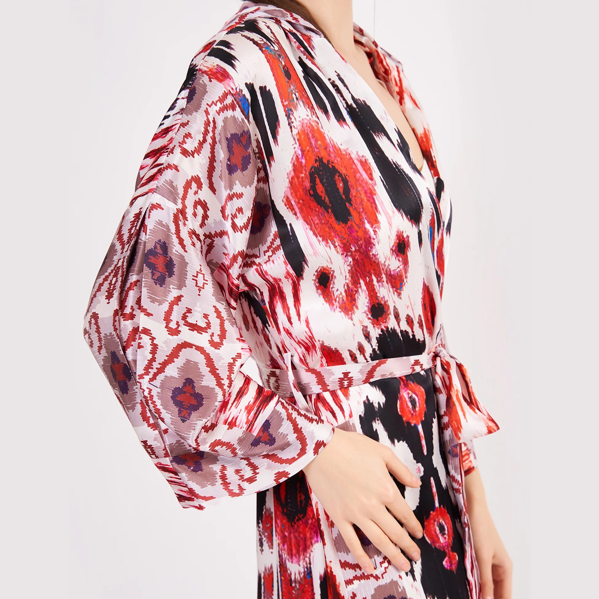 Saf İpek Kapüşonlu Kimono Kaftan İkat Desen 18 | Nomads Felt