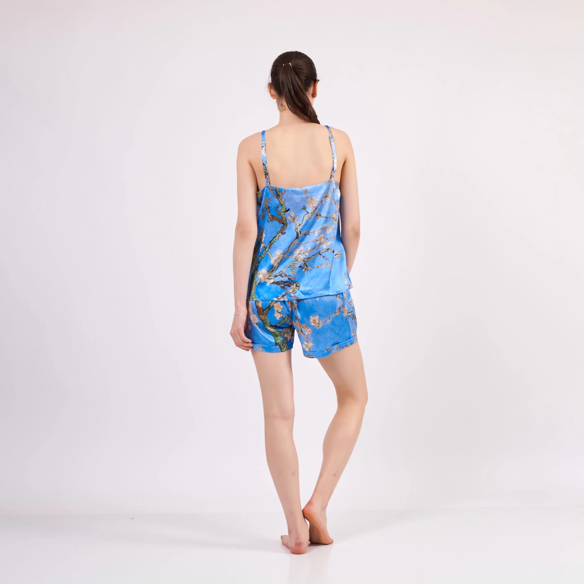 100% İpek Askılı Şort Pijama Takımı | Van Gogh Badem Ağacı Mavi | Nomads Felt