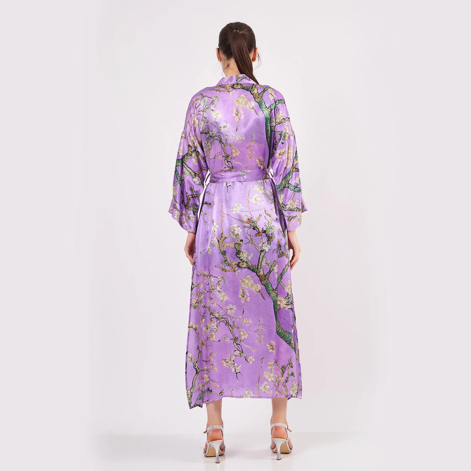 Saf İpek Uzun Kimono Kaftan | Mor Van Gogh Badem Ağacı | Nomads Felt