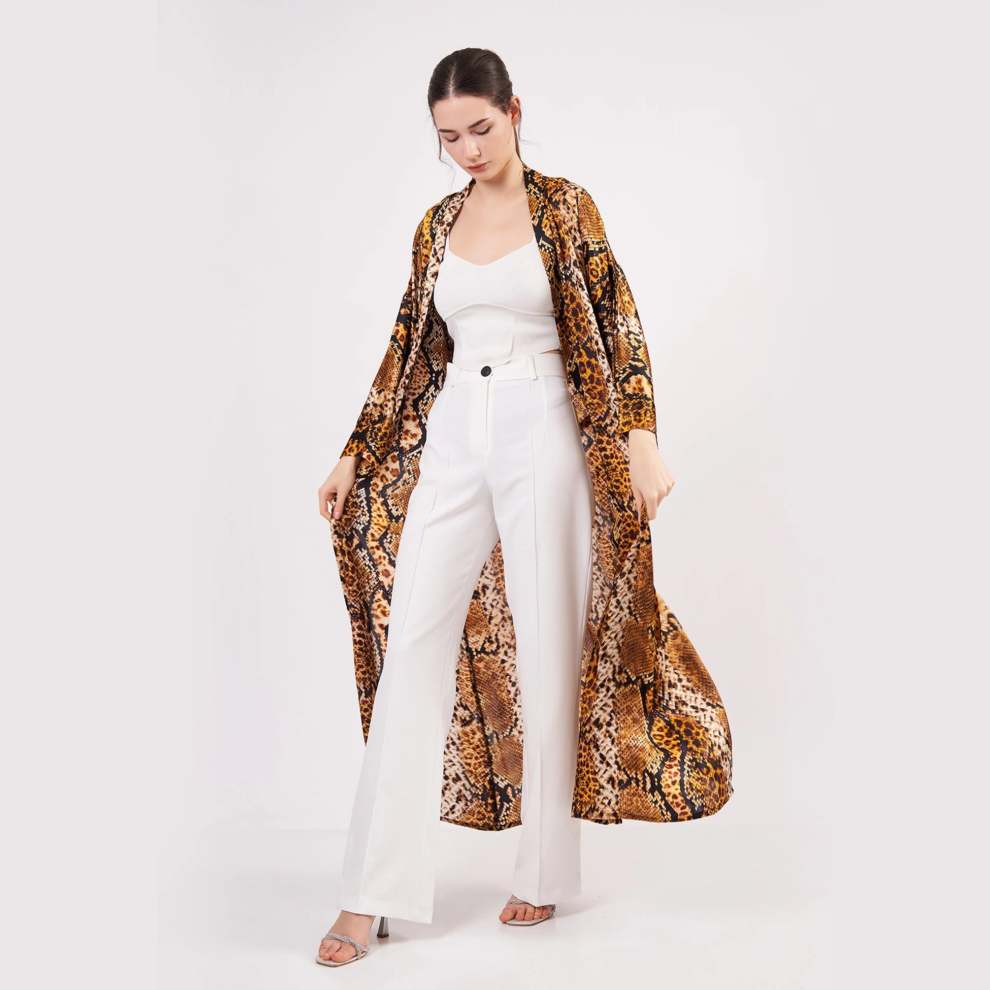 %100 İpek Uzun Kimono | Gold-Kahve | Yılan Derisi Desen | Nomads Felt