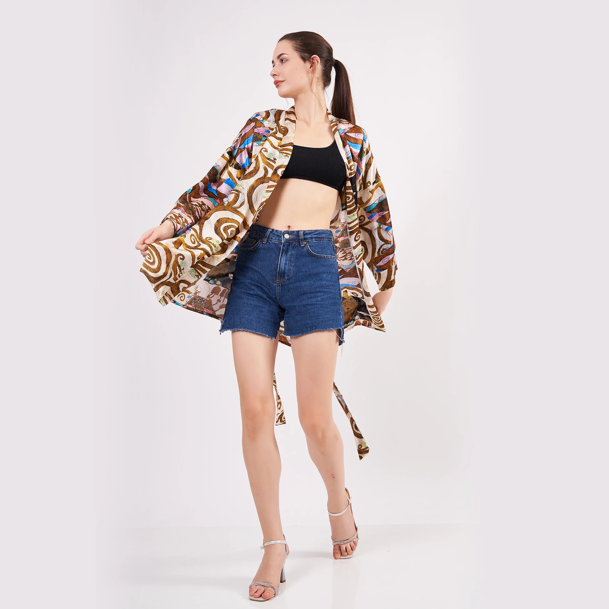 Saf İpek Kısa Kimono Kaftan | Gustav Klimt Expectation | Nomads Felt