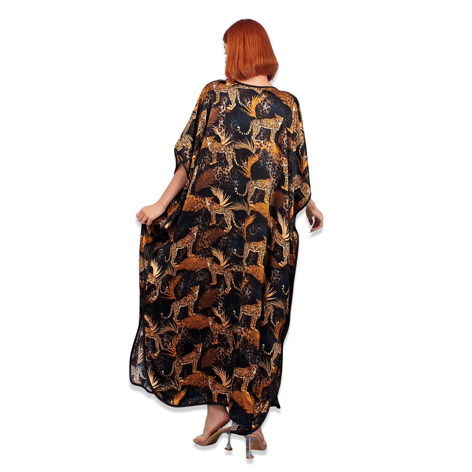 Siyah Gold Leopar Desenli İpek Elbise