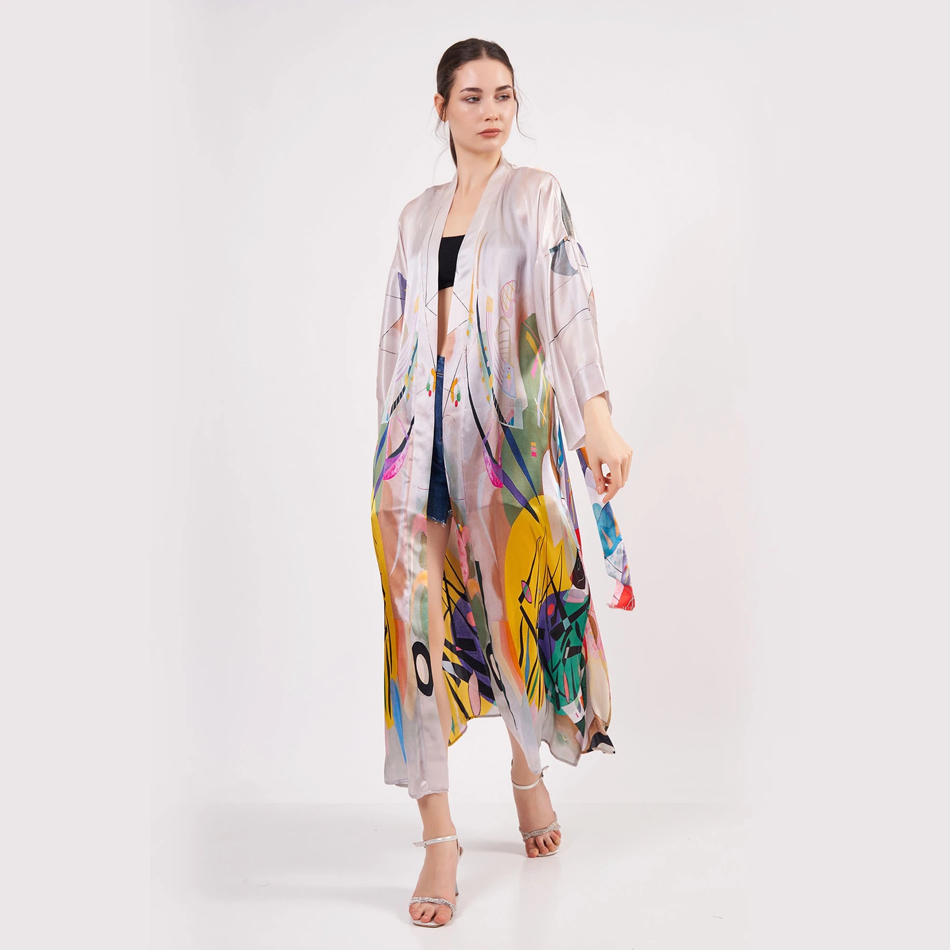 %100 İpek Uzun Kimono Kaftan | Kandinsky Dominant Curve | Nomads Felt