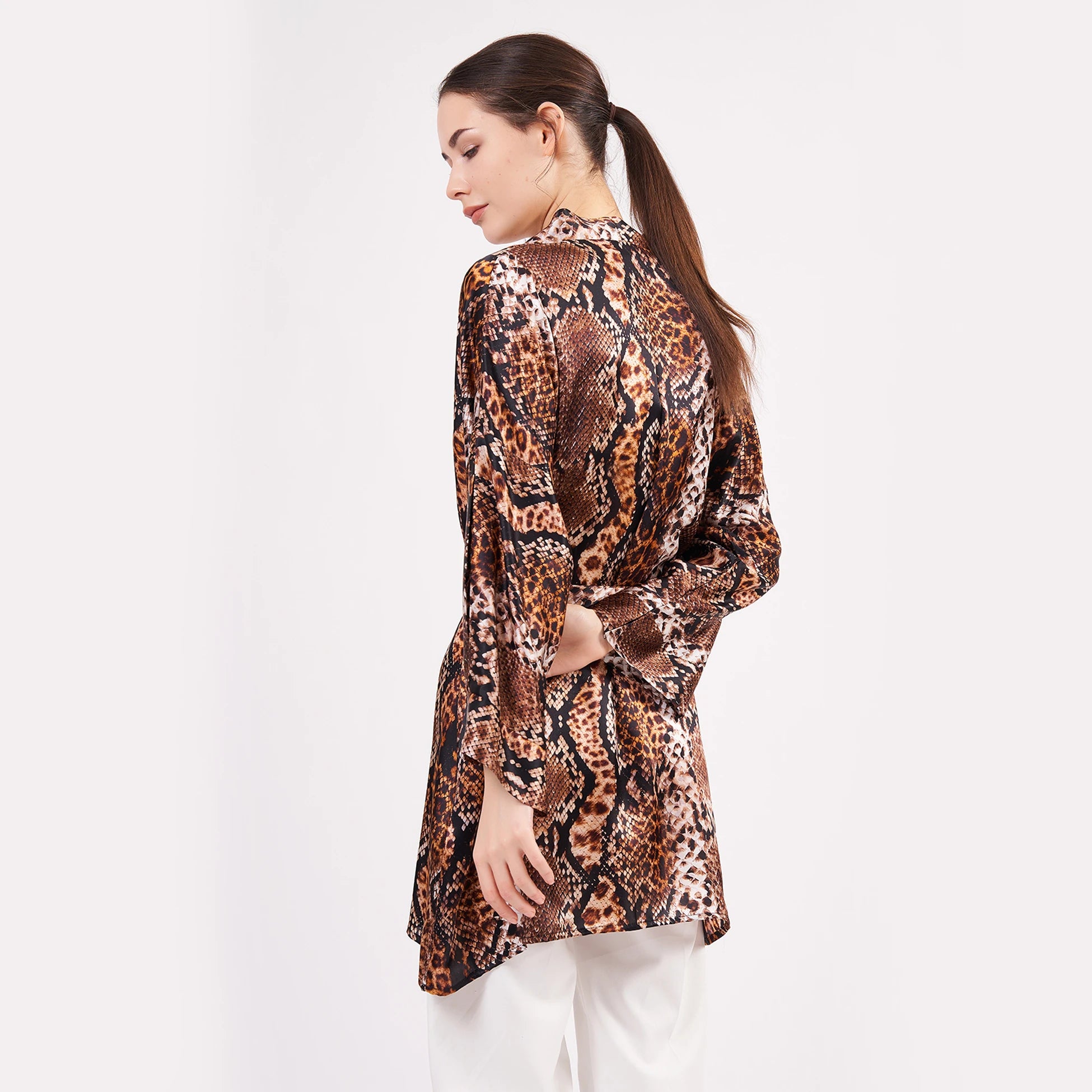 Saf İpek Kısa Kimono Kaftan | Yılan Derisi Desen Kahverengi | Nomads Felt