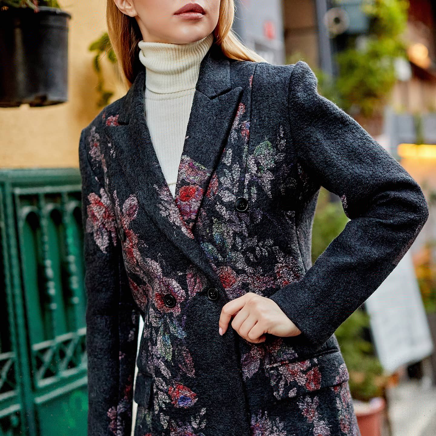 İpek-Yün Haute Couture Ceket | Antrasit Çiçek Desen | Nomads Felt