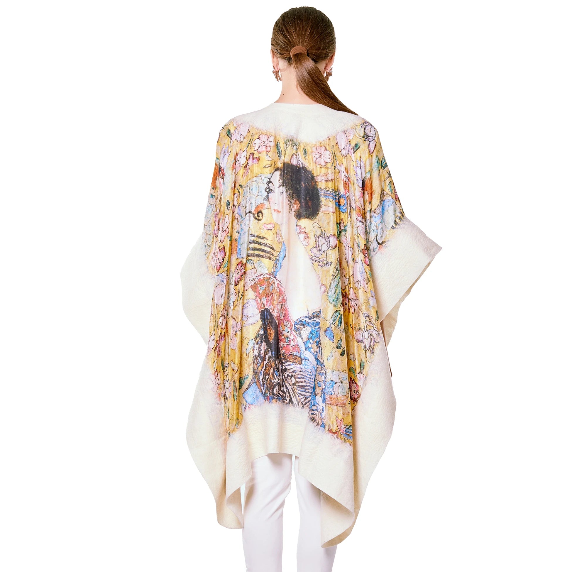 İpek-Keçe Panço | Beyaz Gustav Klimt Lady with Fan | Nomads Felt