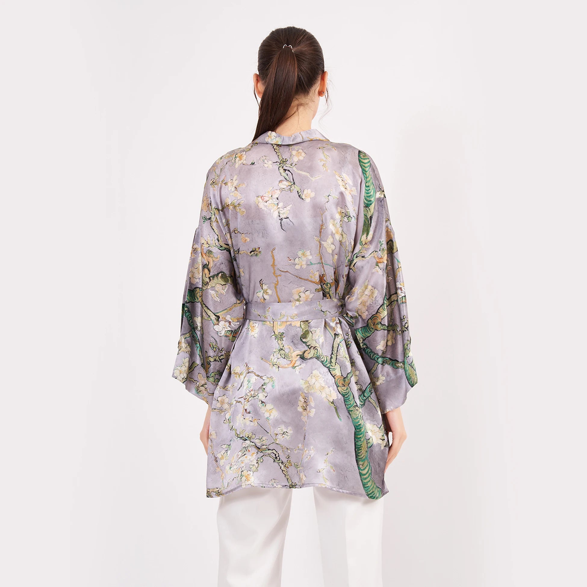 Saf İpek Kısa Kimono Kaftan | Van Gogh Badem Ağacı Gri | Nomads Felt