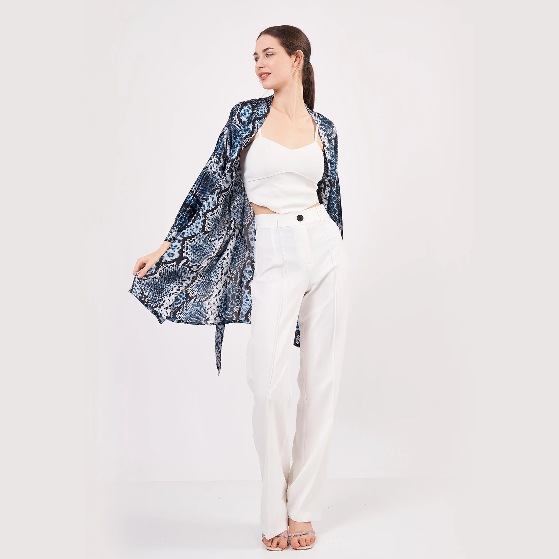 Saf İpek Kısa Kimono Kaftan | Yılan Derisi Desen Mavi | Nomads Felt