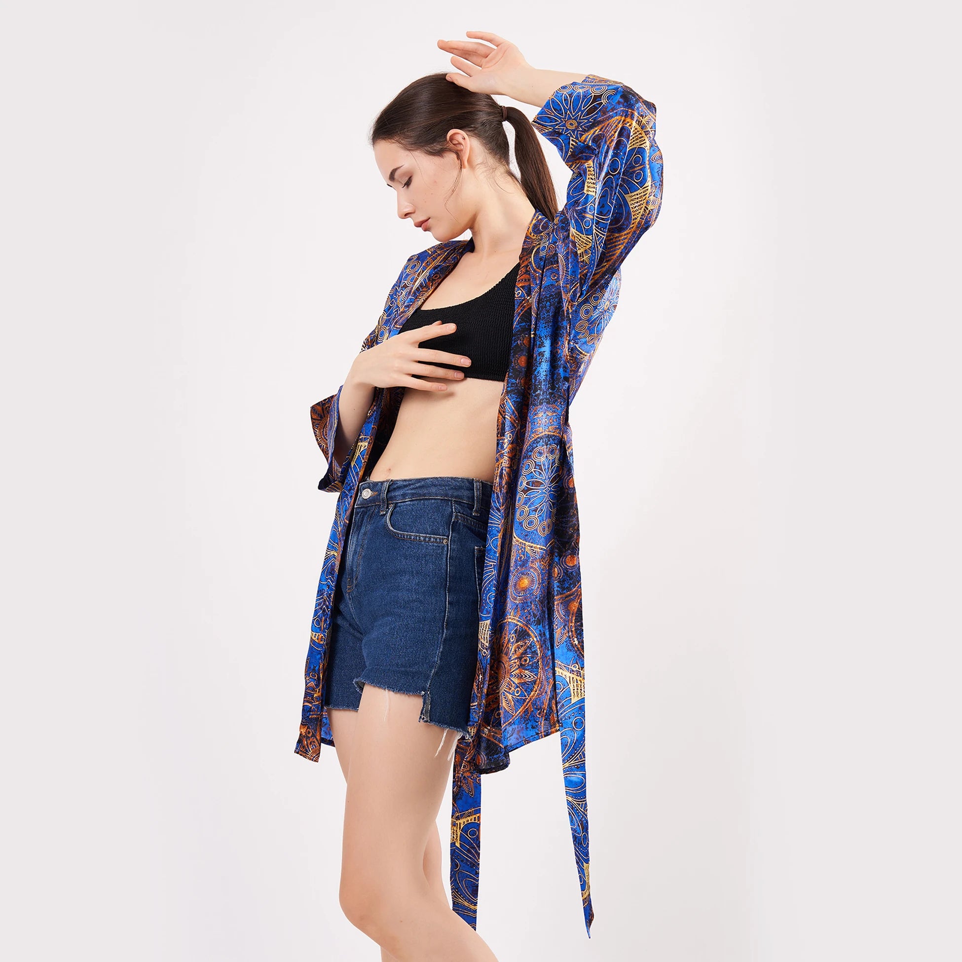 Saf İpek Kısa Kimono Kaftan | Mandala Desen 3 Saks Mavi | Nomads Felt