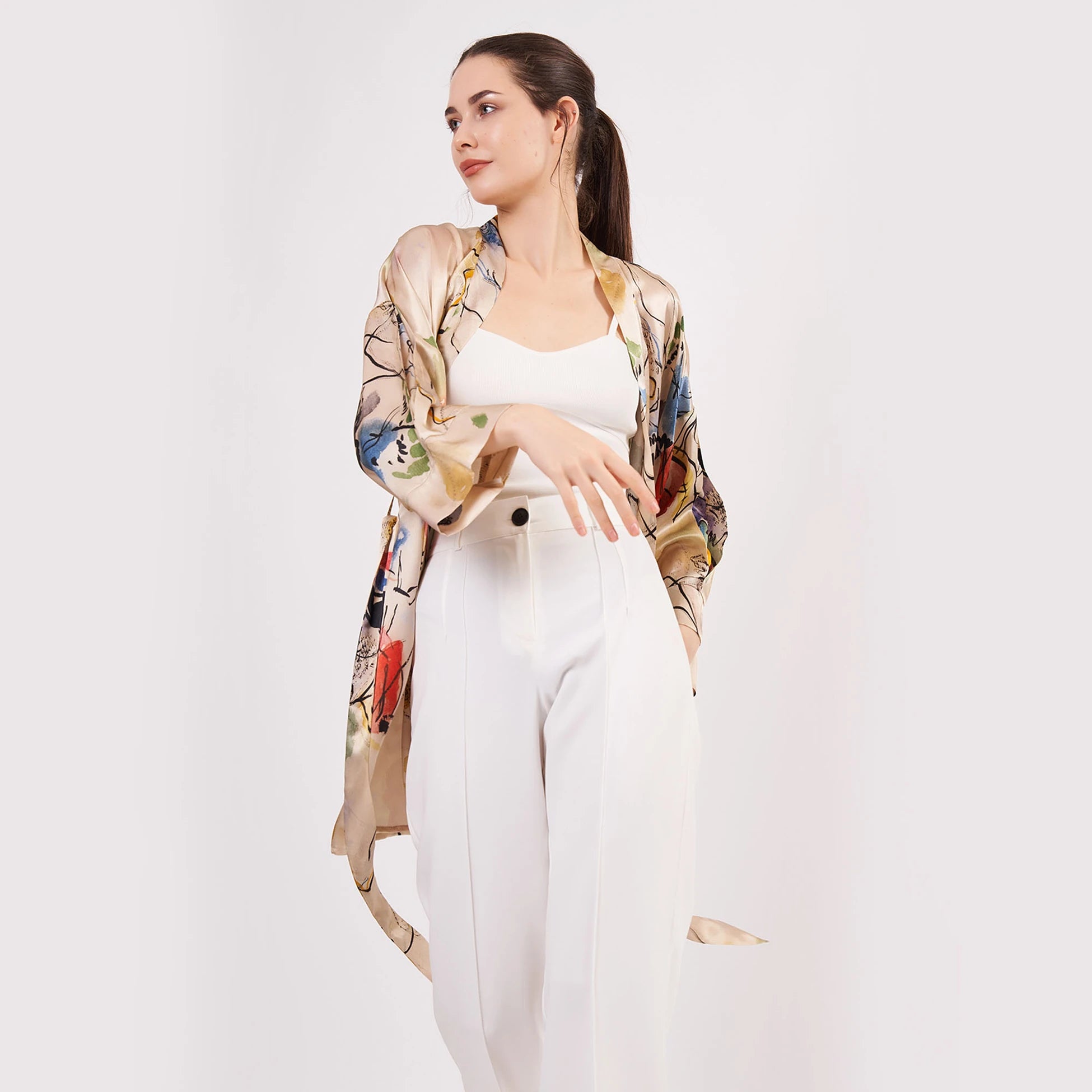 Saf İpek Kısa Kimono Kaftan | Kandinsky Composition | Nomads Felt