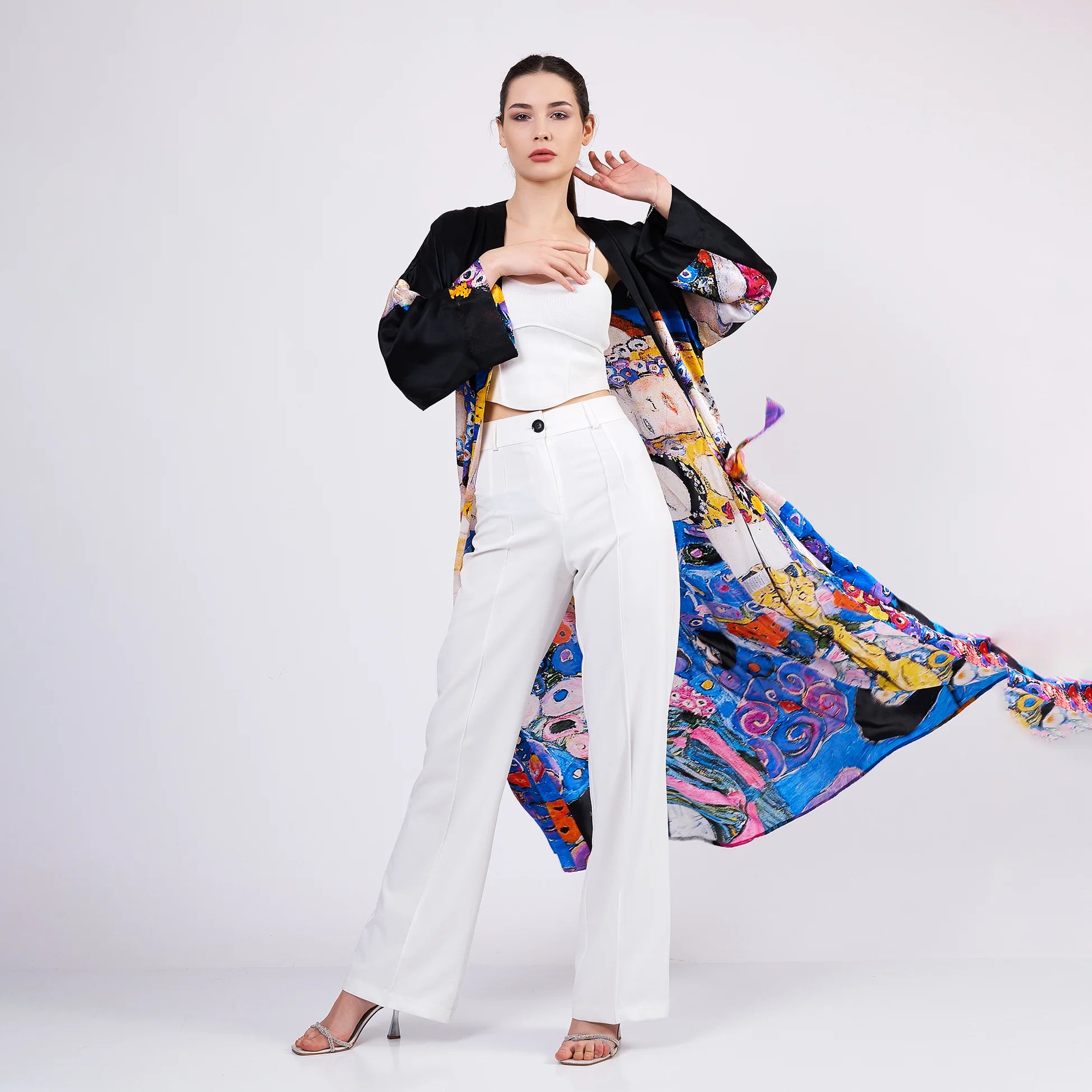 %100 İpek Uzun Kimono Kaftan | Gustav Klimt The Virgins | Nomads Felt