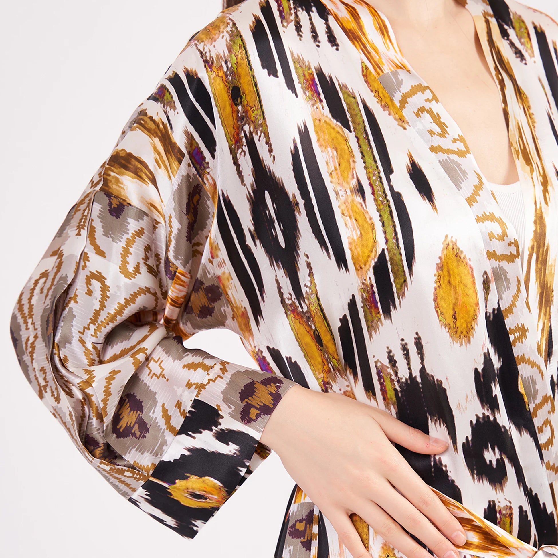 Saf İpek Kısa Kimono Kaftan | Ikat Desen 6 | Nomads Felt