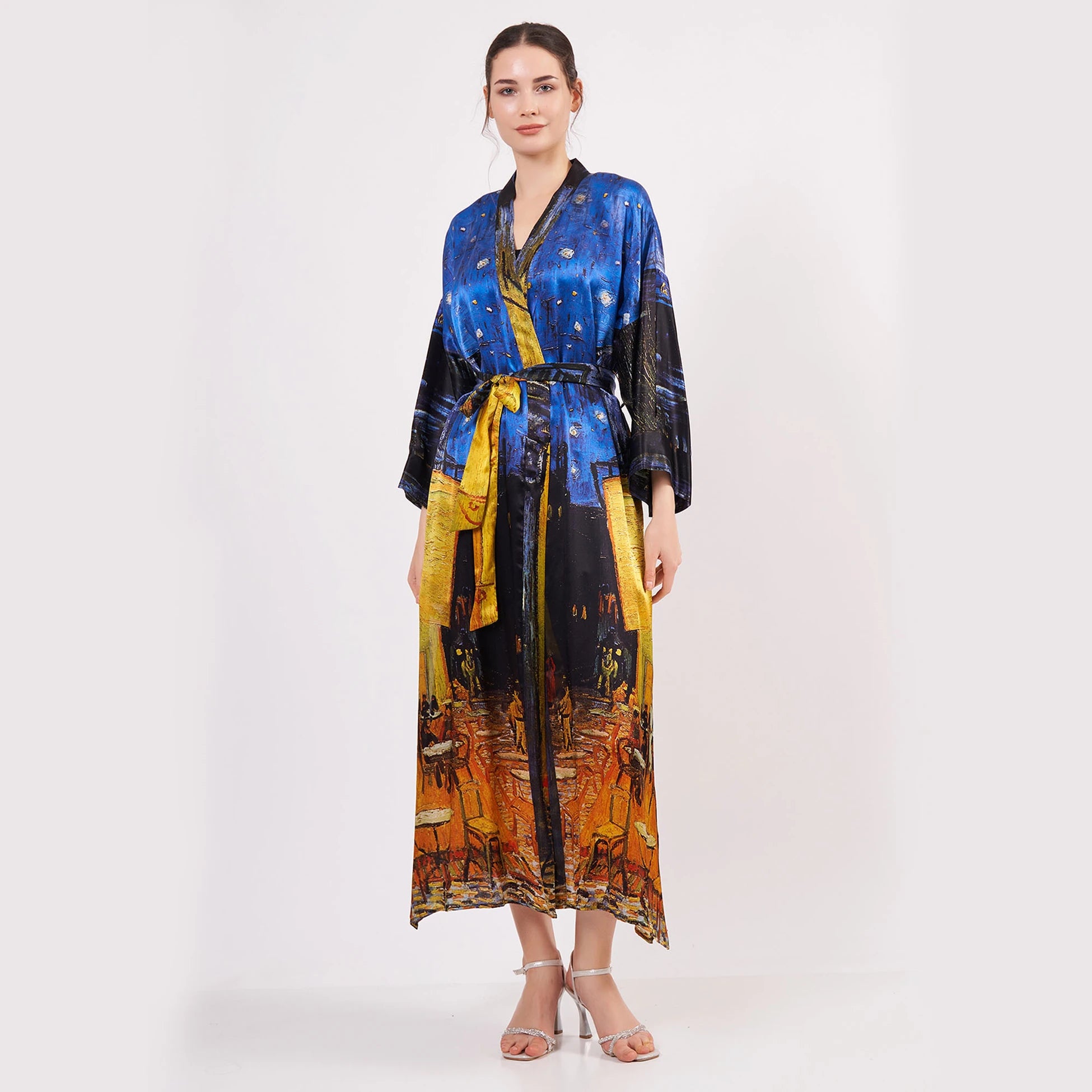 %100 İpek Uzun Kimono | Van Gogh Cafe Terrace at Night | Nomads Felt