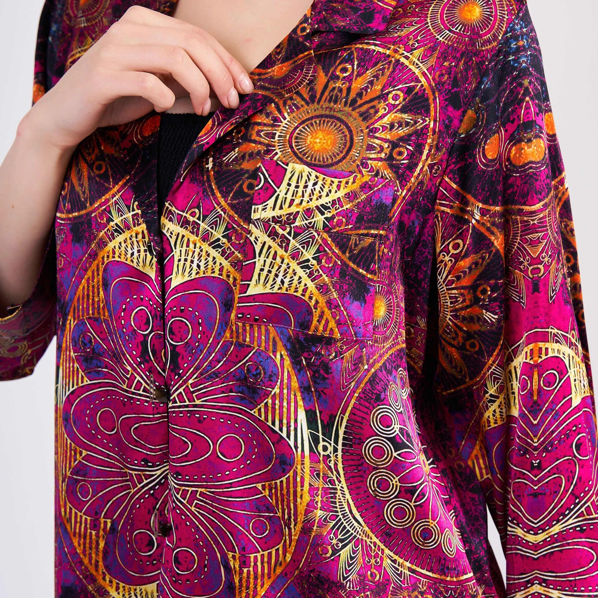 Saf İpek Gömlek-Pantolon-Pijama Takımı | Mandala Desen Fuşya | Nomads Felt