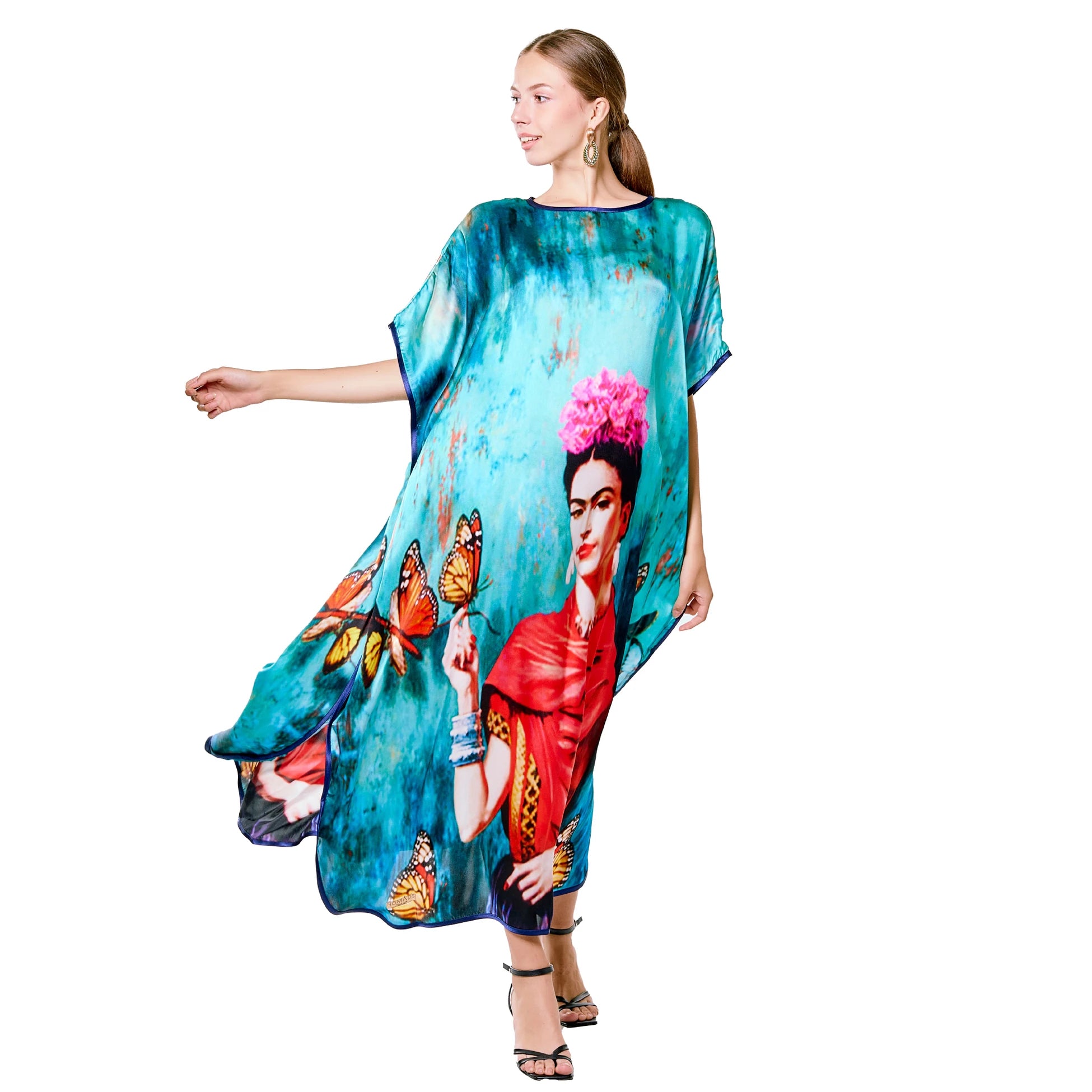 Mavi Frida Kahlo Butterfly Desenli İpek Elbise