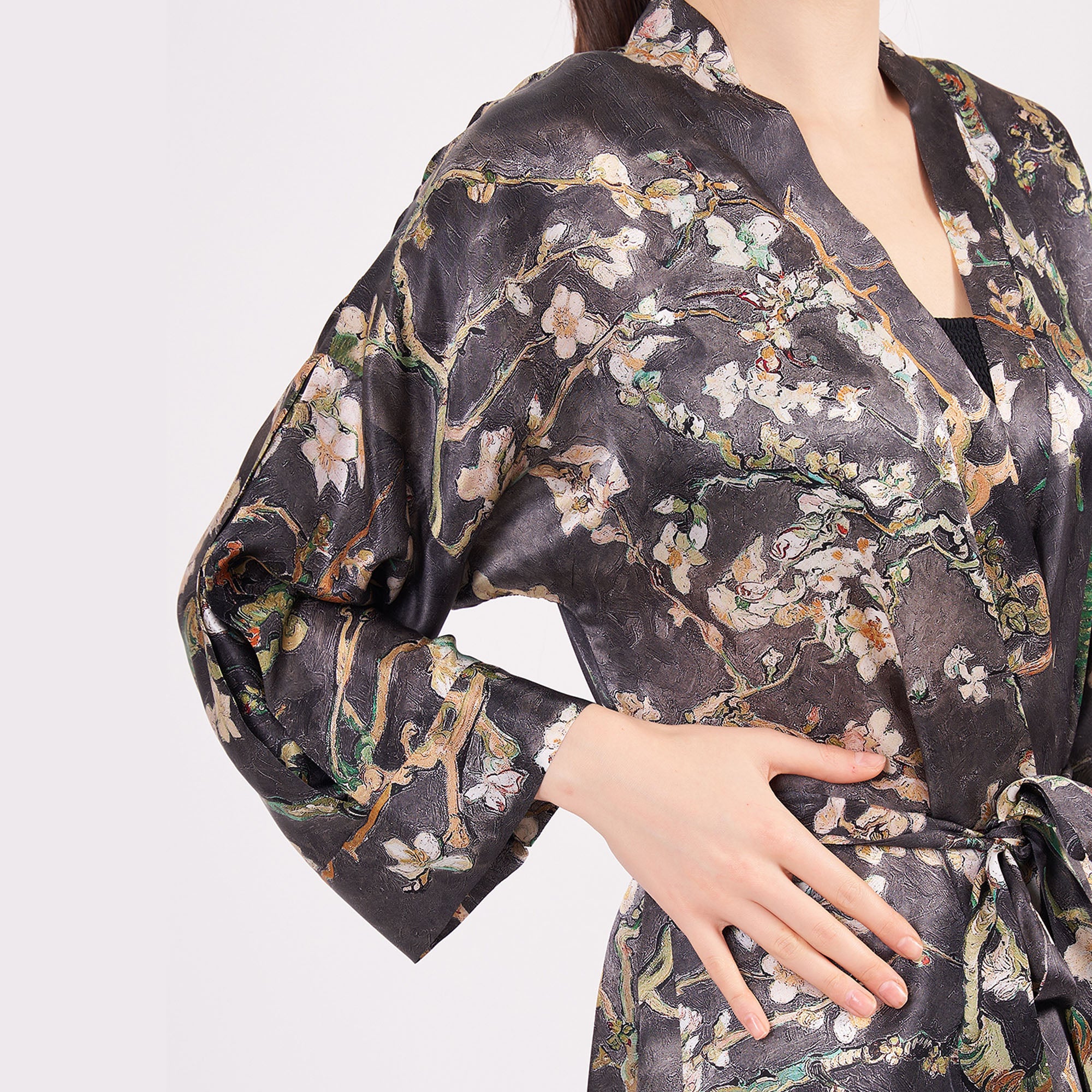 %100 İpek Kimono Kaftan | Antrasit | Van Gogh Badem Ağacı | Nomads Felt